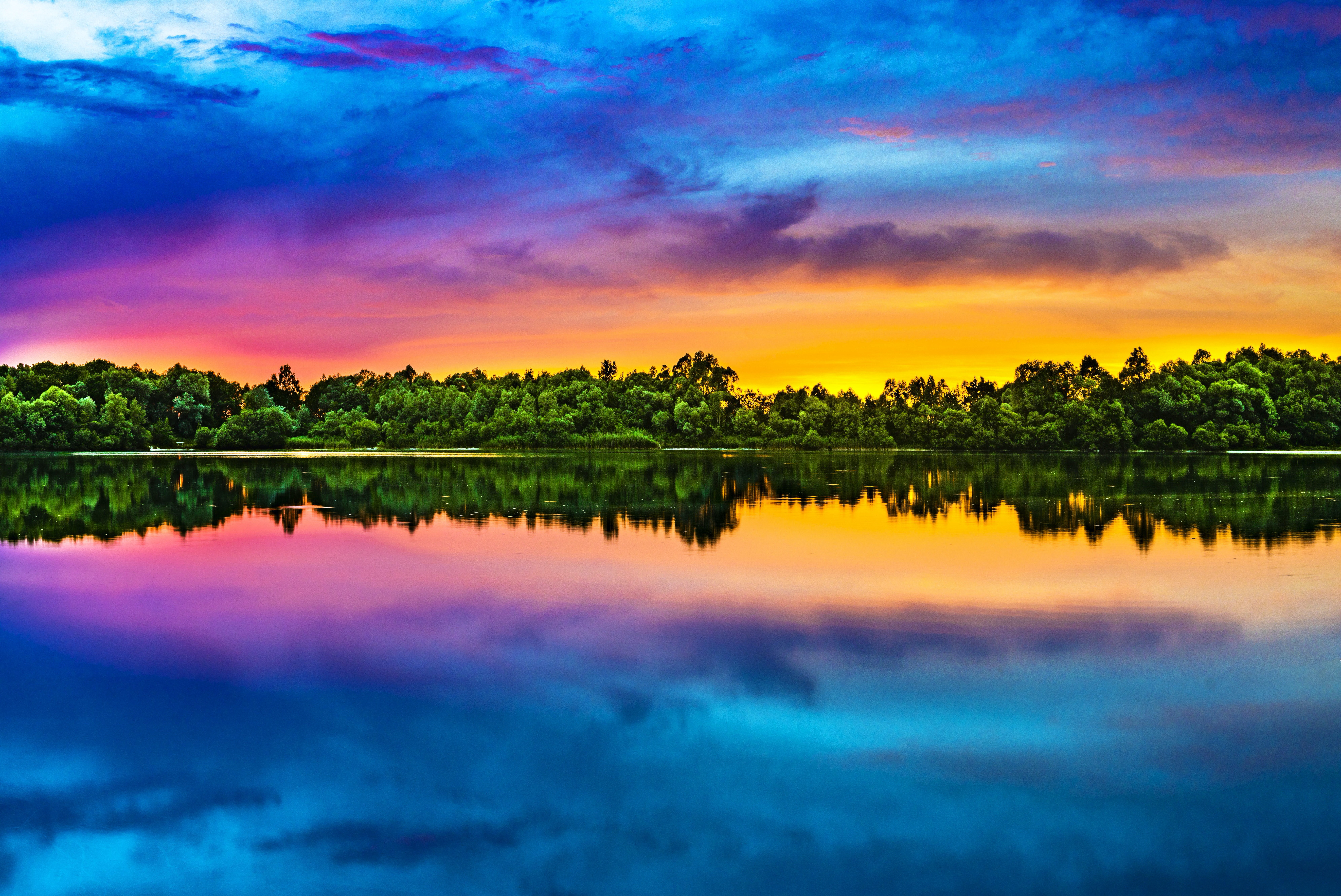 Abendhimmel, Mehrfarbig, Farbenfroh, Seespiegelung, Sonnenuntergang, Wasser, Hell, Landschaft, 5K, 8K