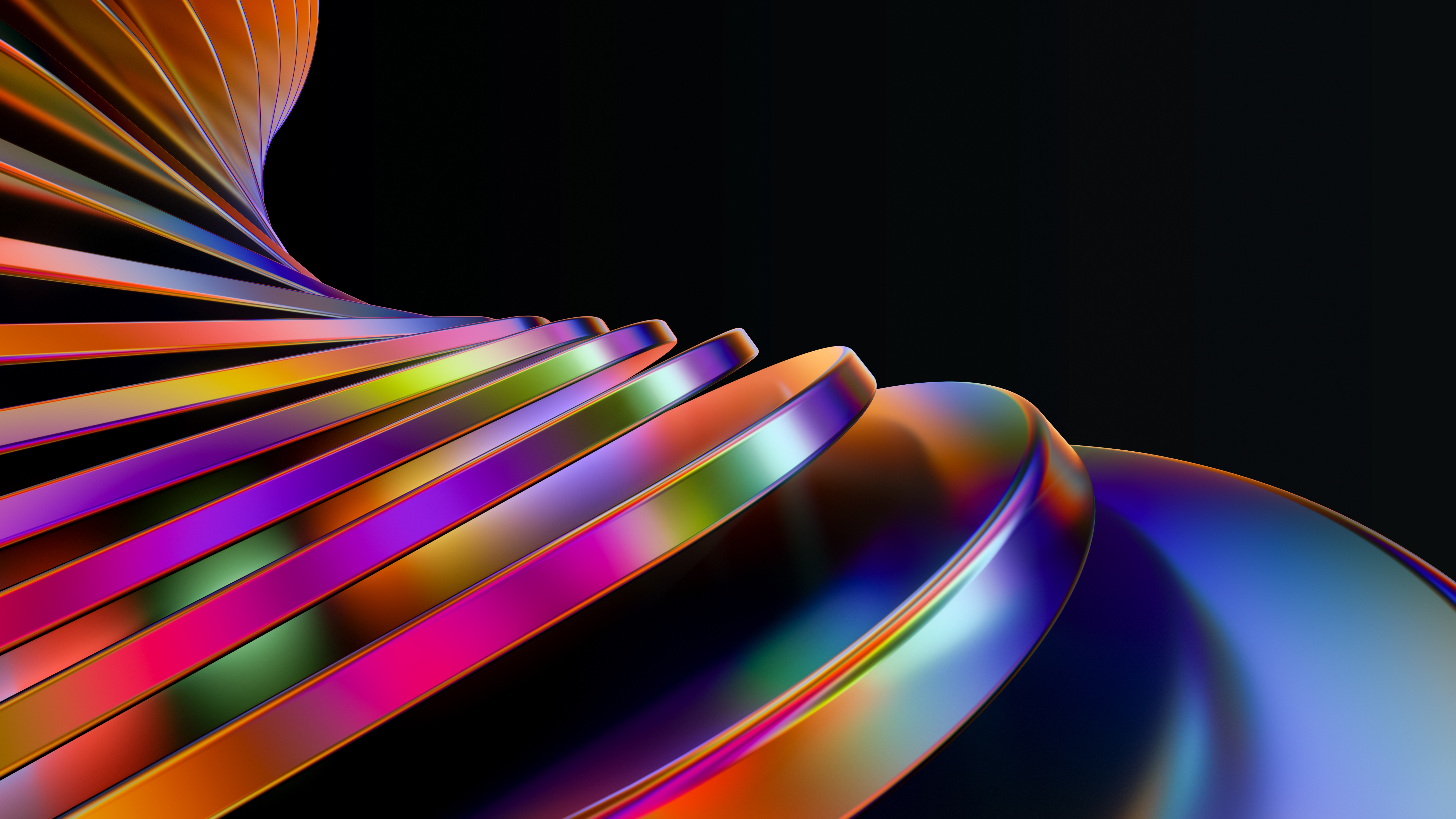 Abstraktes Design, Regenbogenwirbel, Schwarzer Hintergrund, Farbenfroh, Lebendig, 3D Render, 5k