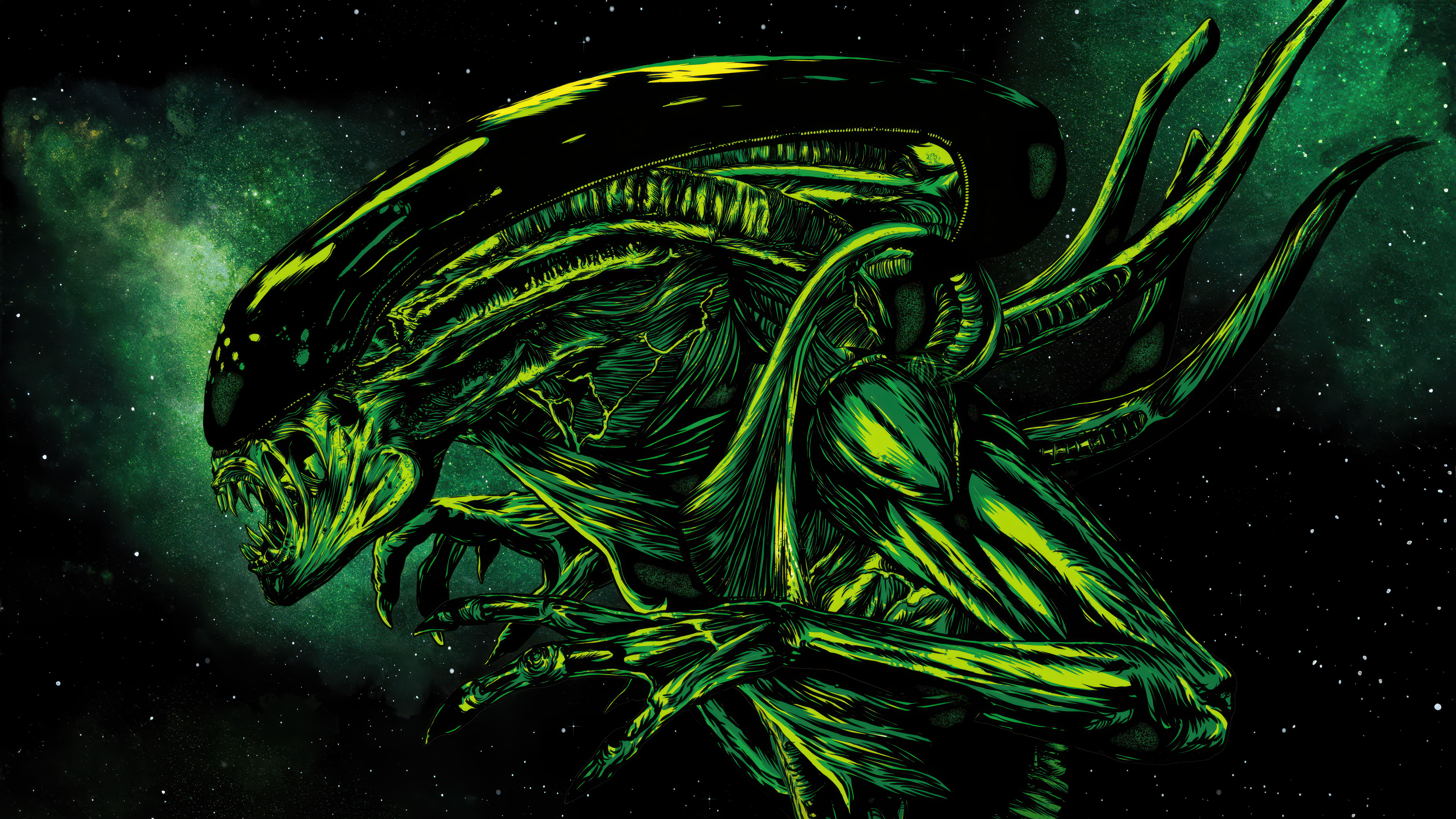 Alien, Xenomorph, Grün, dunkler Hintergrund, 5K, 8K
