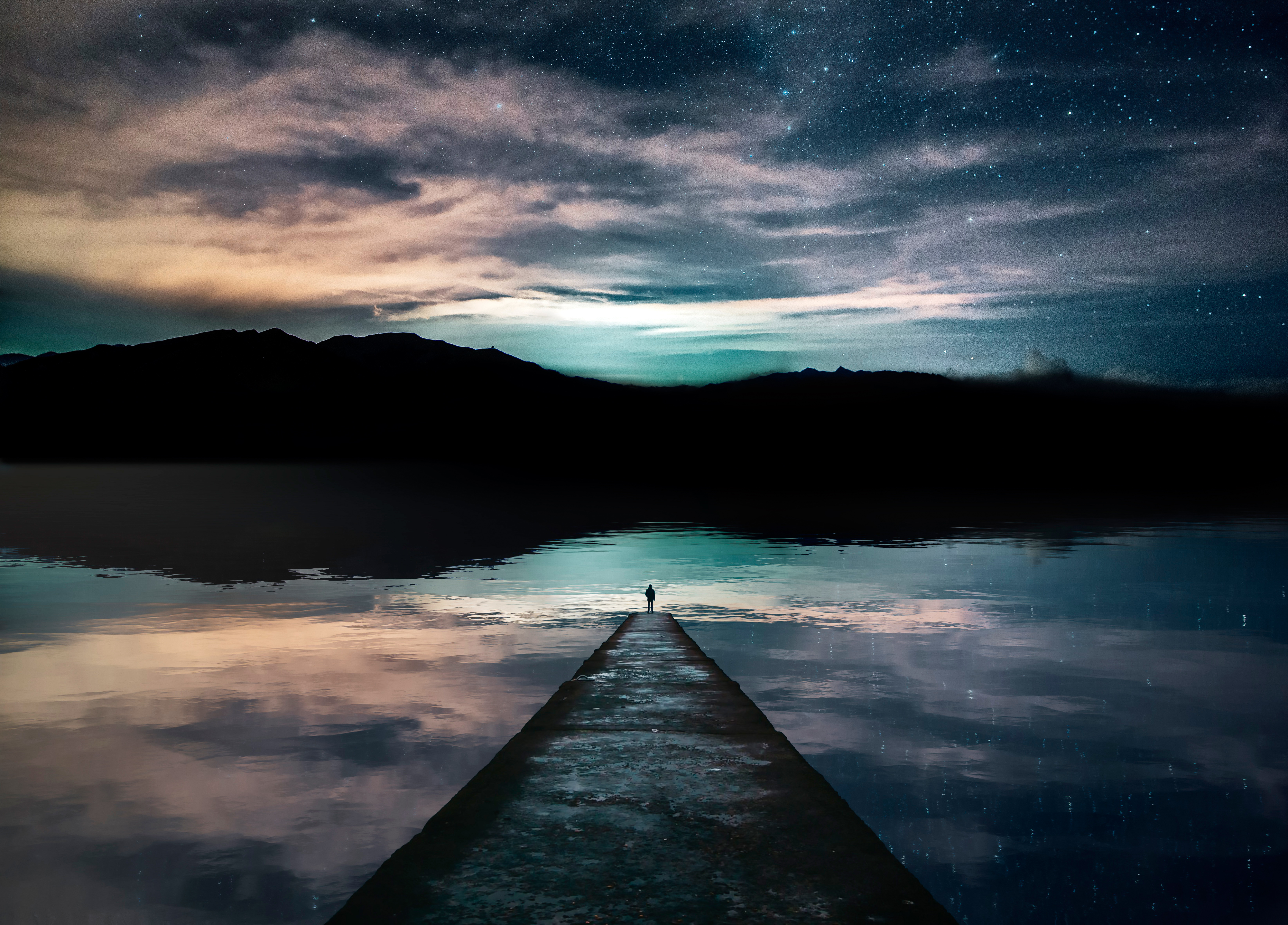 Allein, 5K, Sonnenuntergang, Silhouette, Berge, See, Spiegelungen, Sternenhimmel