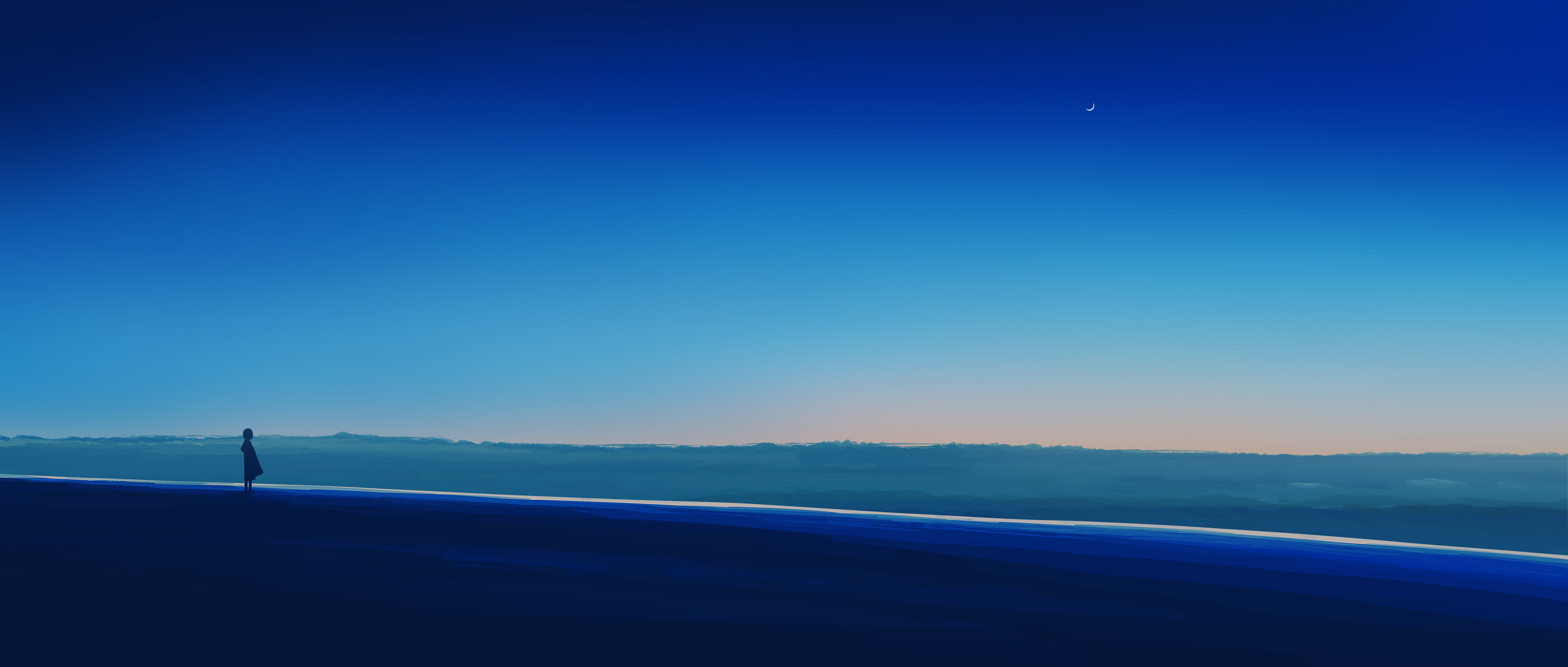 Allein, Stimmung, Einsam, Blauer Himmel, Horizont, Panorama, Mondsichel, 5K, Ultrawide