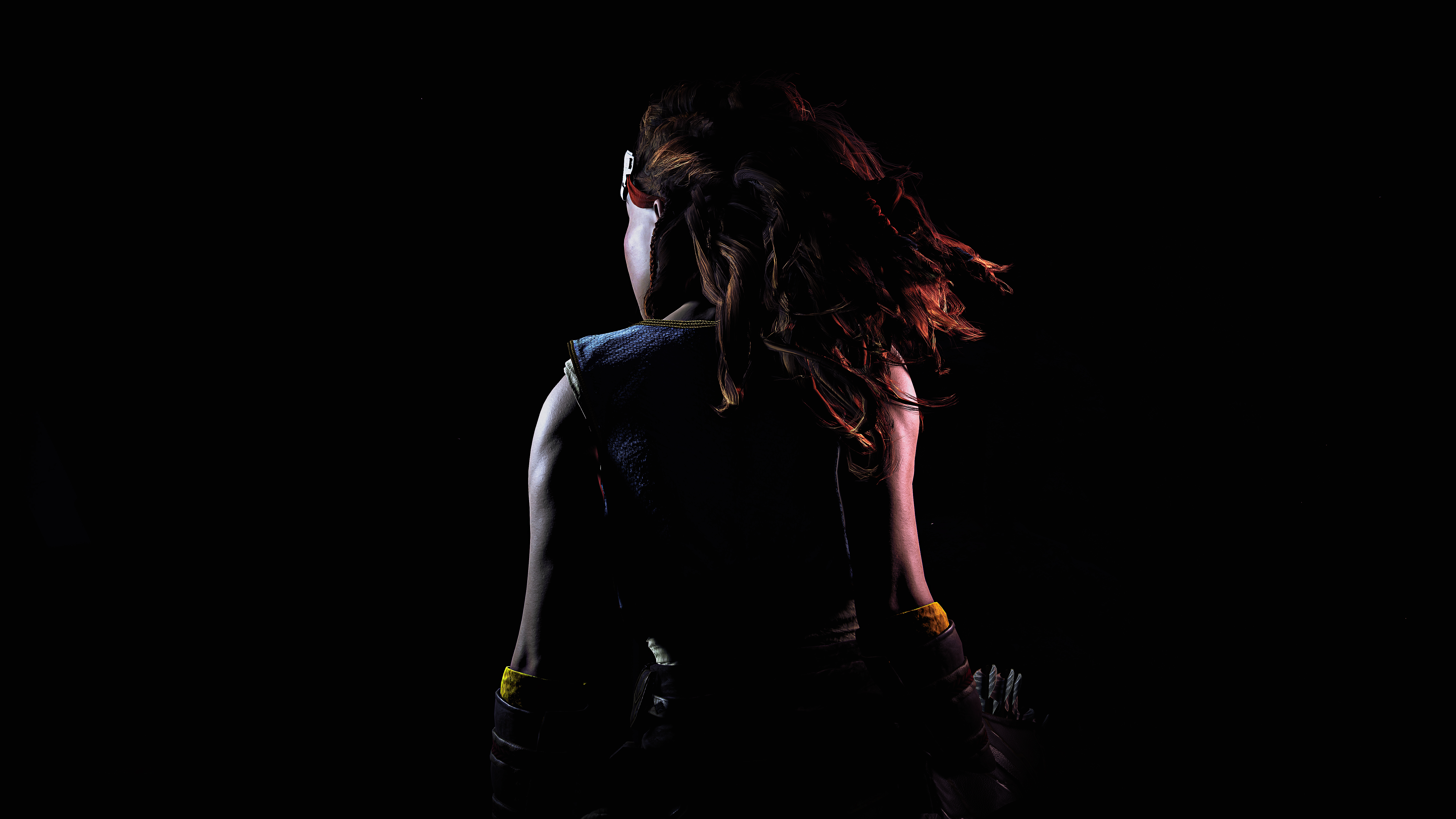 Aloy, Schwarzer Hintergrund, Horizon Zero Dawn, AMOLED, PlayStation 4, Screenshot, 5K