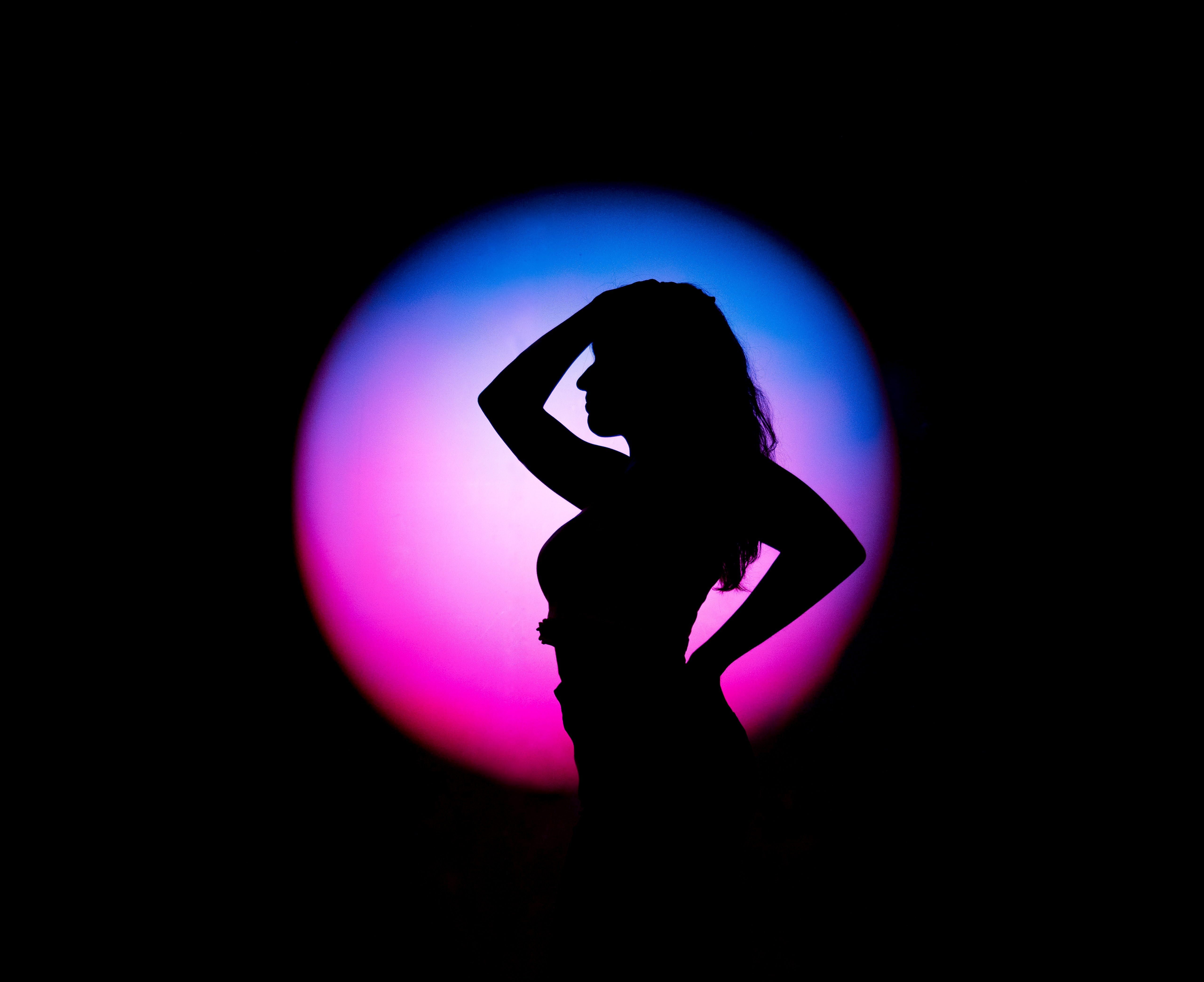 AMOLED, Mädchen, Frau, Licht, Silhouette, Pose, Stil, Kreisförmig, Schwarzer Hintergrund, 5K