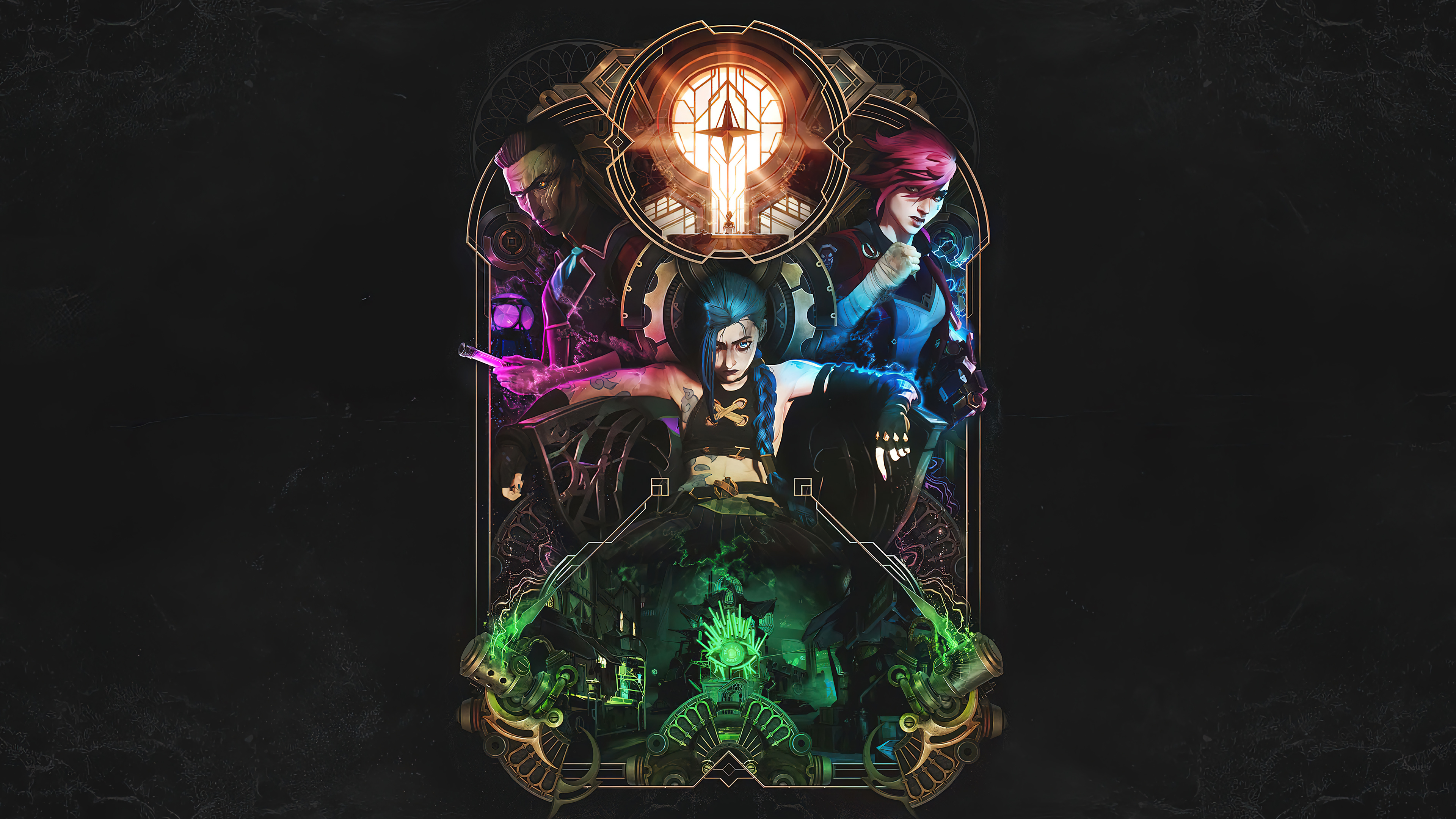 Arcane, League of Legends, Vi (LoL), Jinx, Dunkler Hintergrund, Artwork