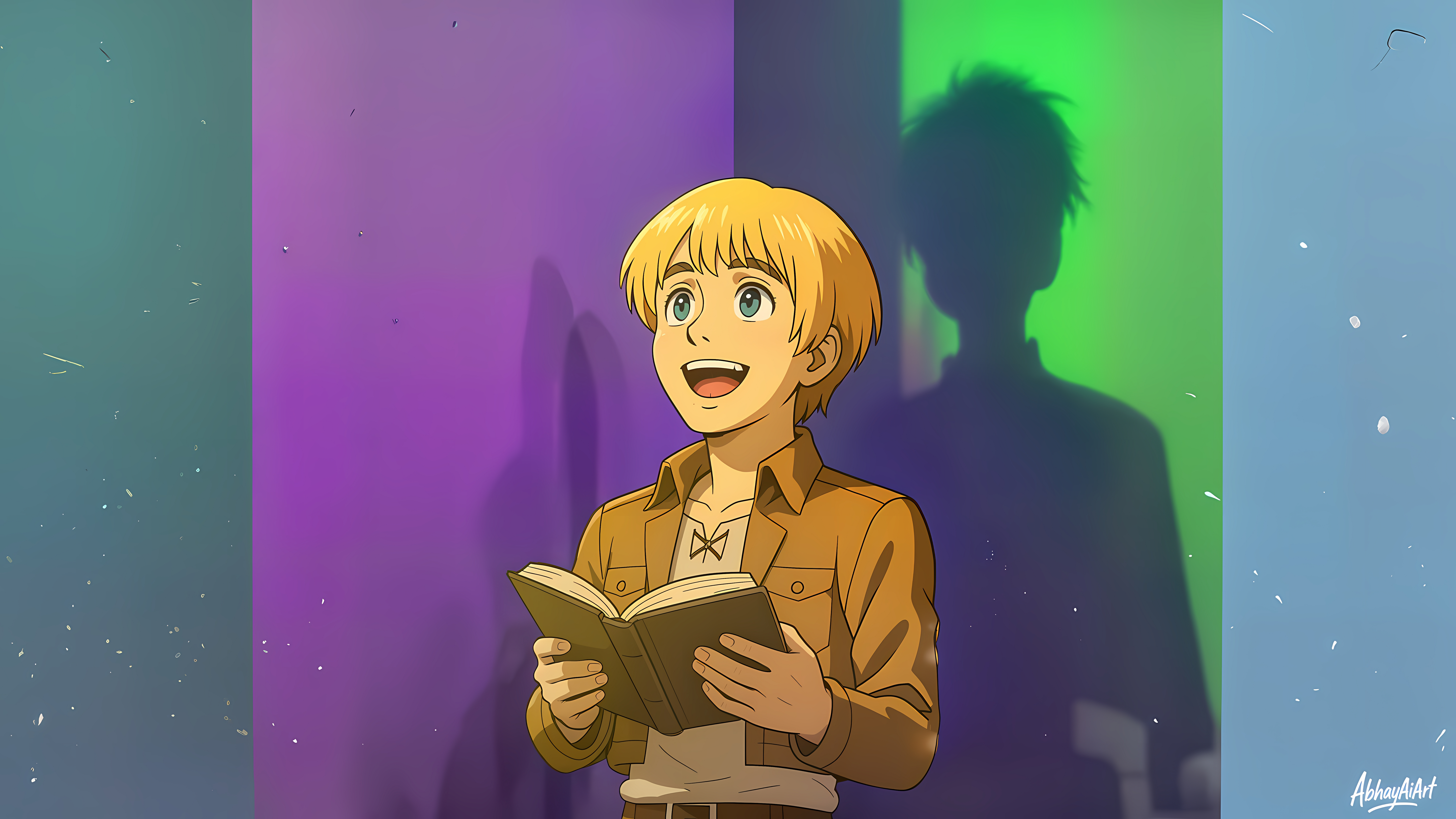 Armin Arlert, 8K, Minimalistisch, Attack on Titan, Buch lesend, Lächelnd, 5K, Farbenfroher Hintergrund