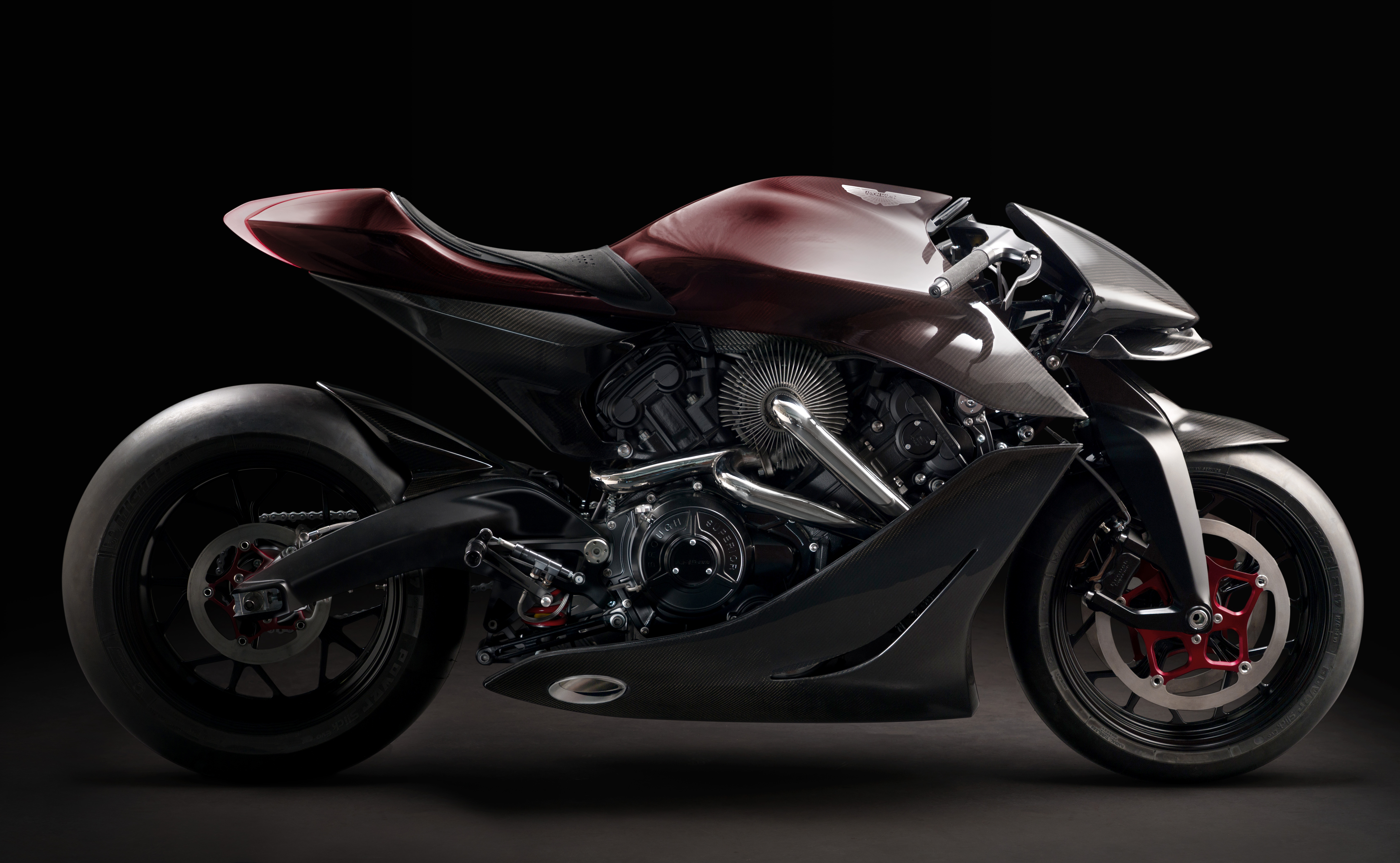Aston Martin AMB 001, Sportmotorräder, Futuristisch, Schwarzer Hintergrund, 5K, 8K