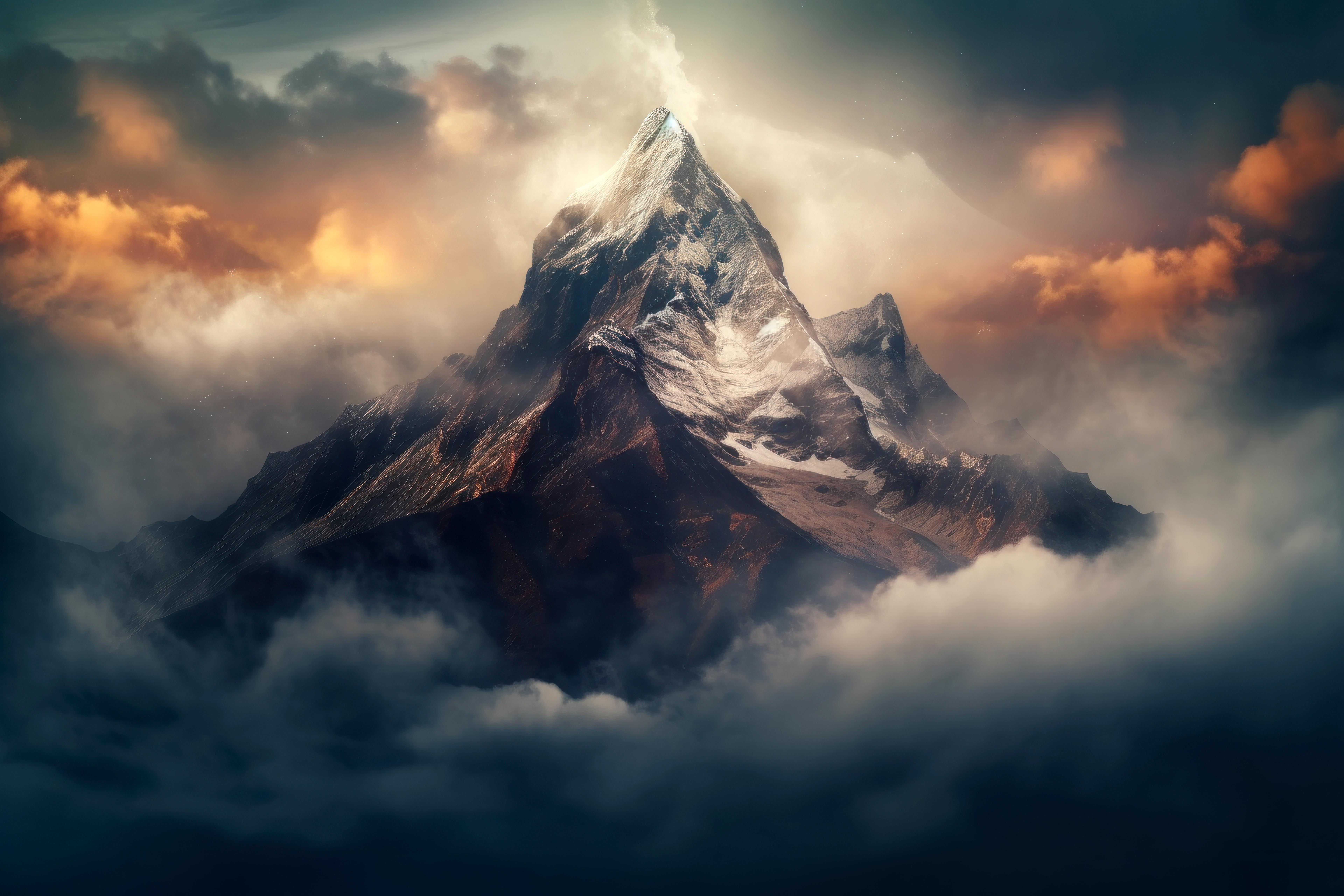 Berggipfel, Alpen, Wolken, 5K, 8K, KI-Kunst