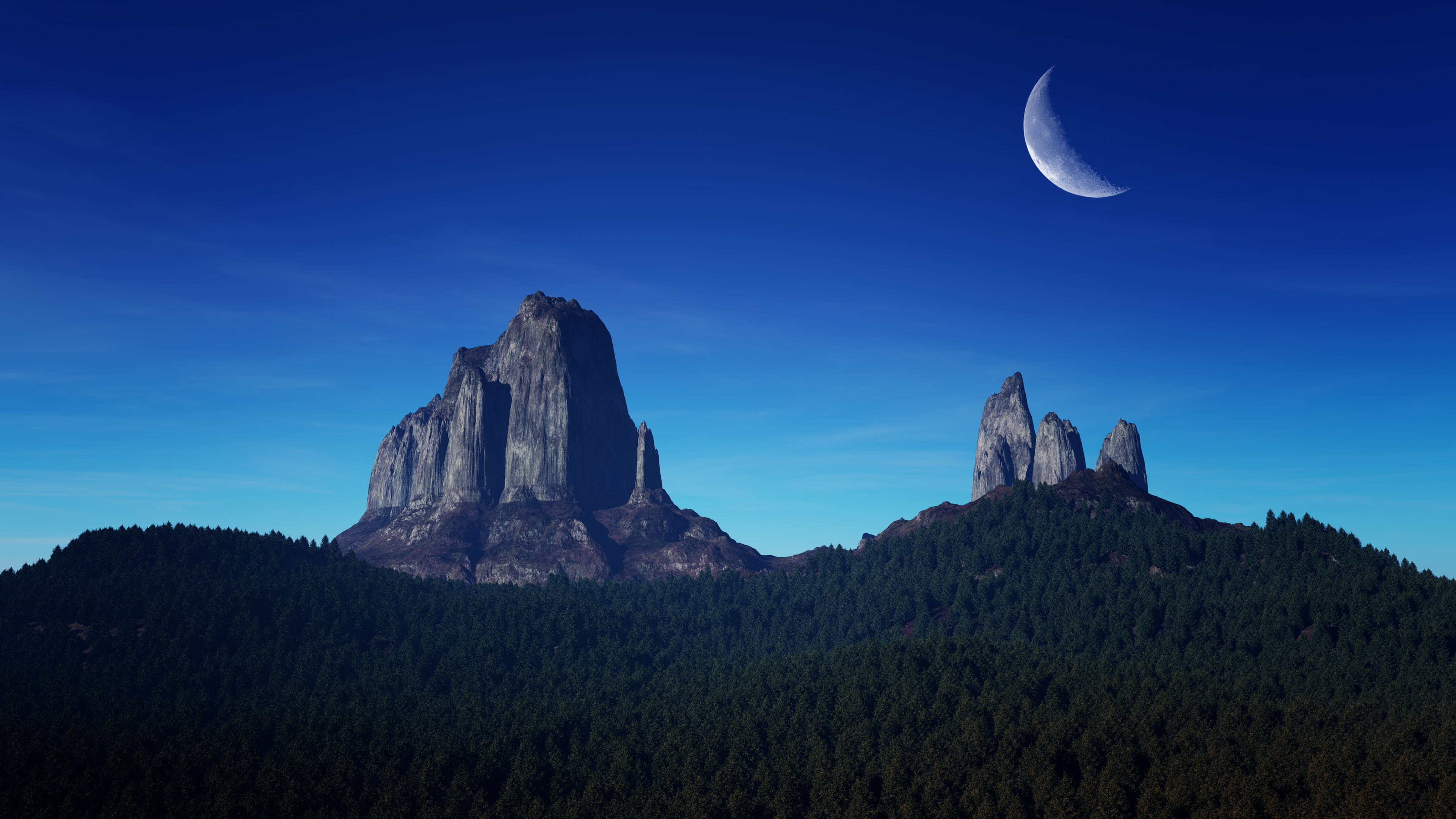 Berggipfel, Mondsichel, Nachtzeit, blauer Himmel, Landschaft, Wald