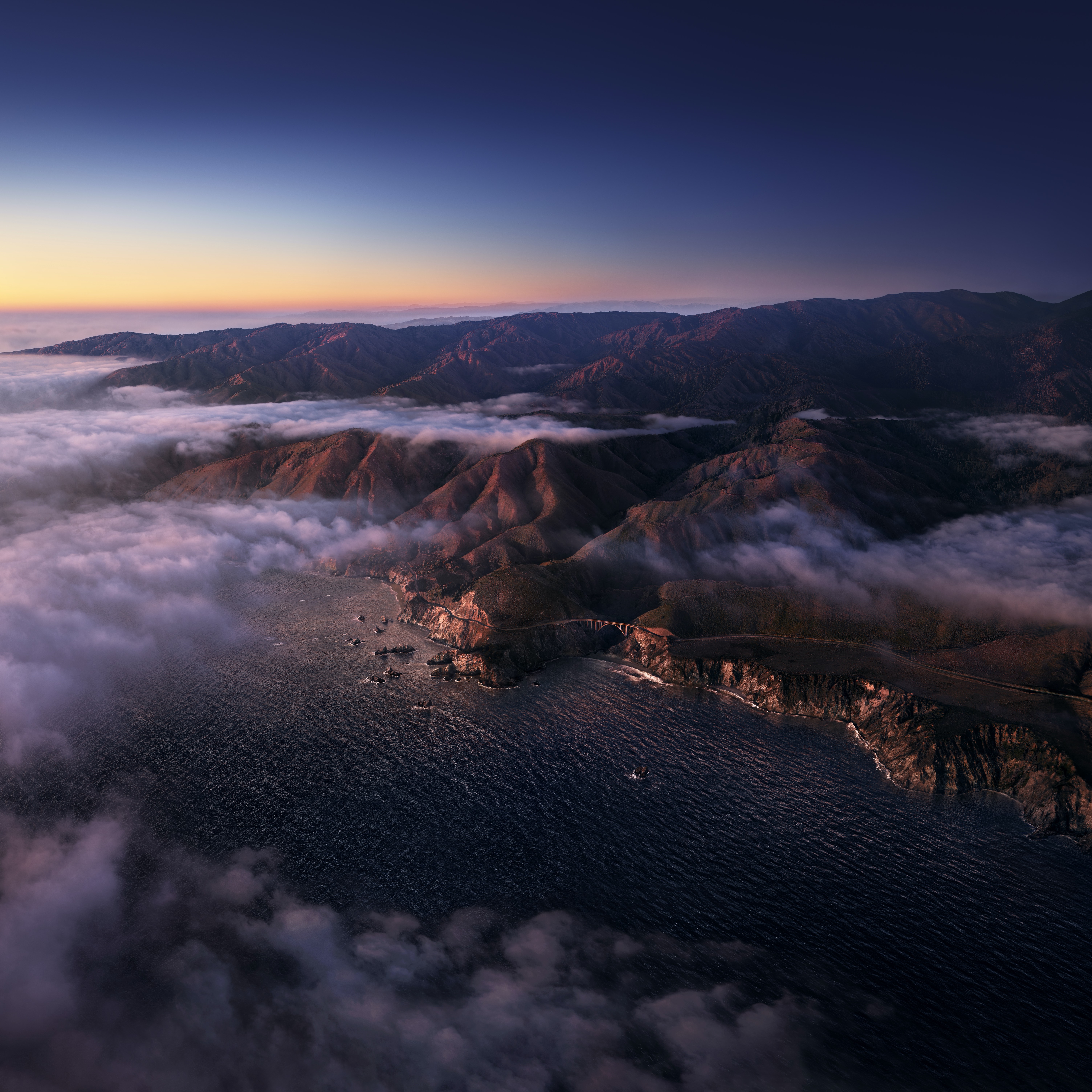 Big Sur, Sonnenaufgang, Berge, Wolken, Morgen, macOS Big Sur, Tageslicht, Stock, Kalifornien, 5K