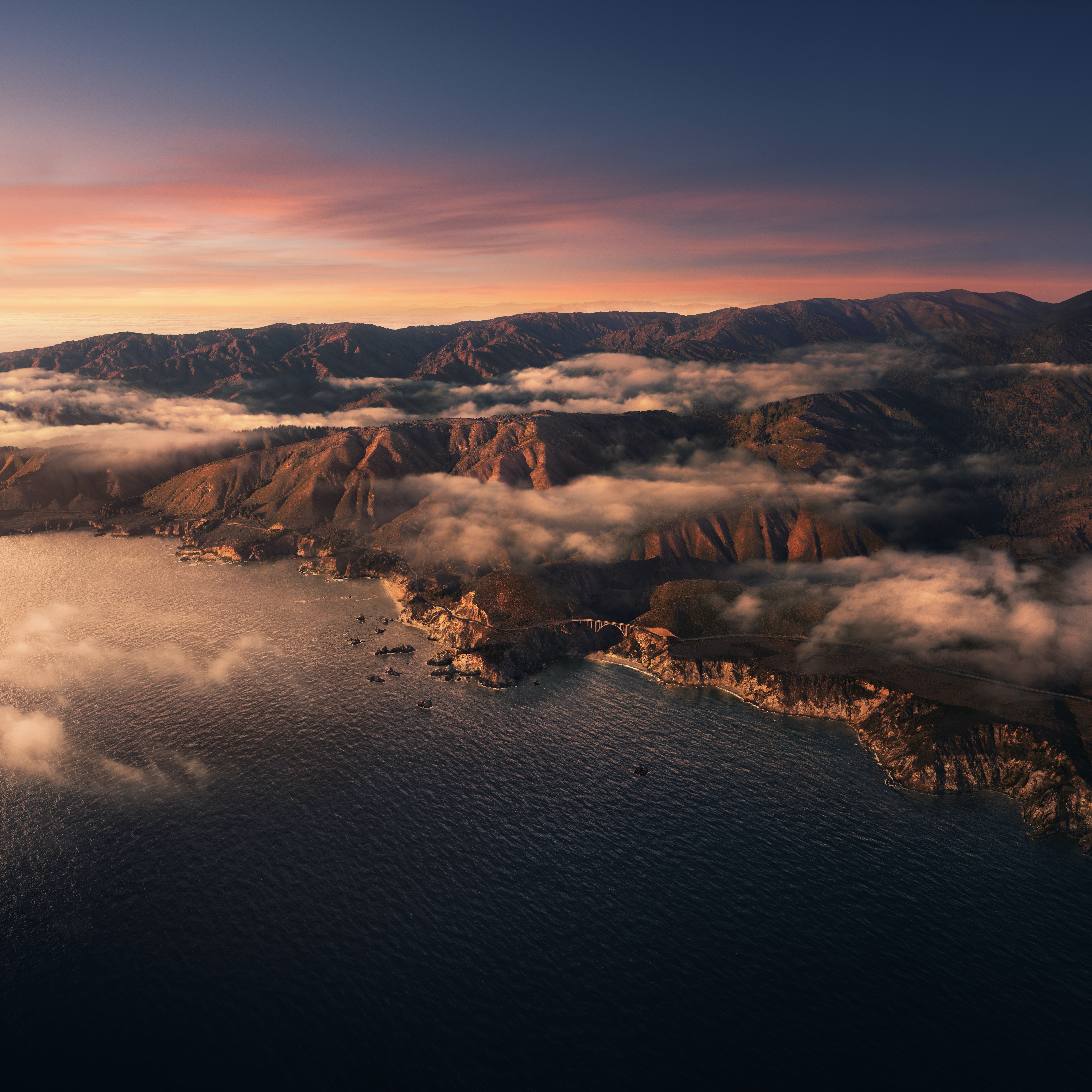 Big Sur, Sonnenuntergang, Berge, Wolken, Abend, macOS Big Sur, Stock, Kalifornien, Ästhetisch, 5K