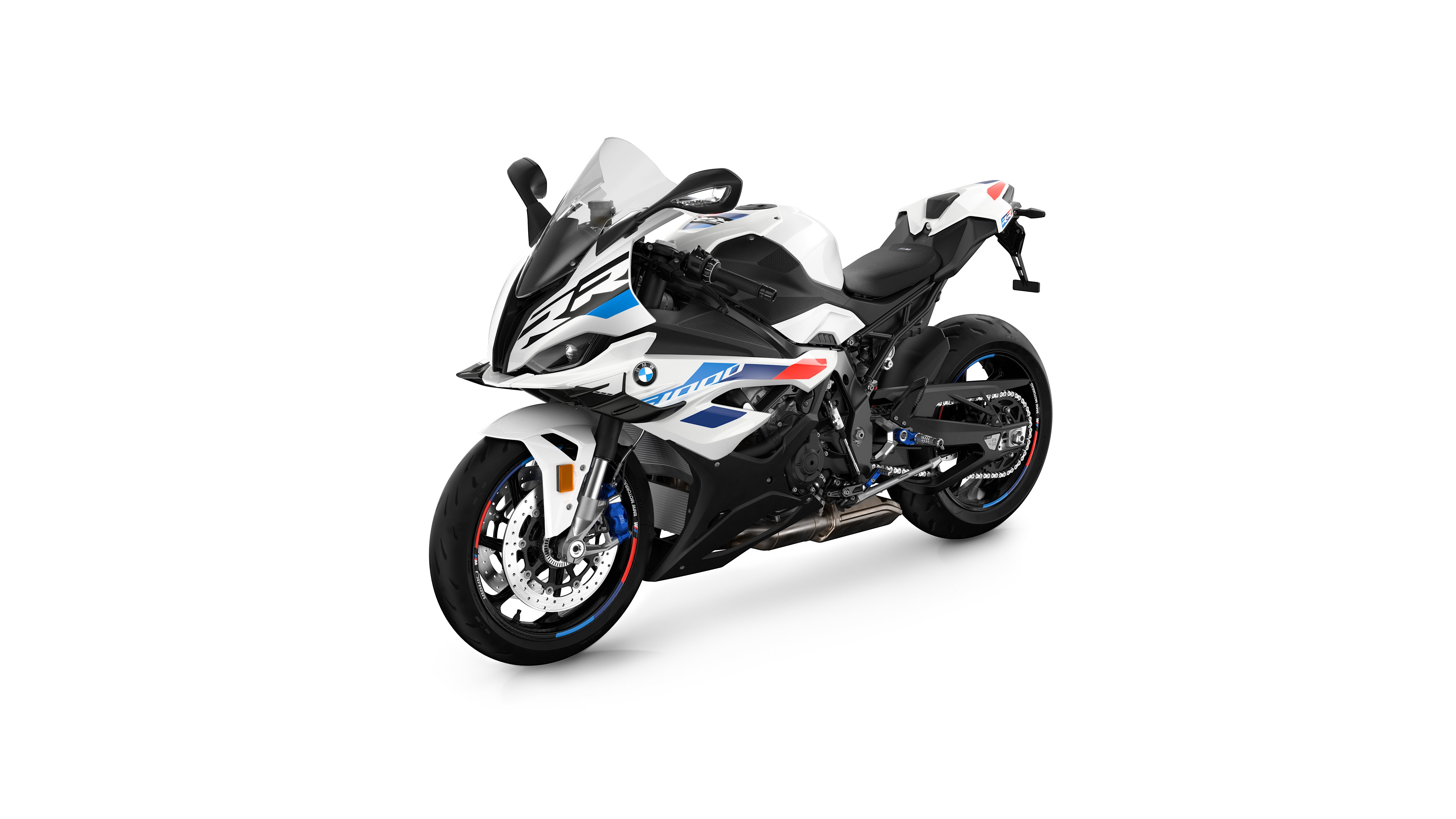 BMW S 1000 RR, weißer Hintergrund, 5K, Sportmotorräder, 2023