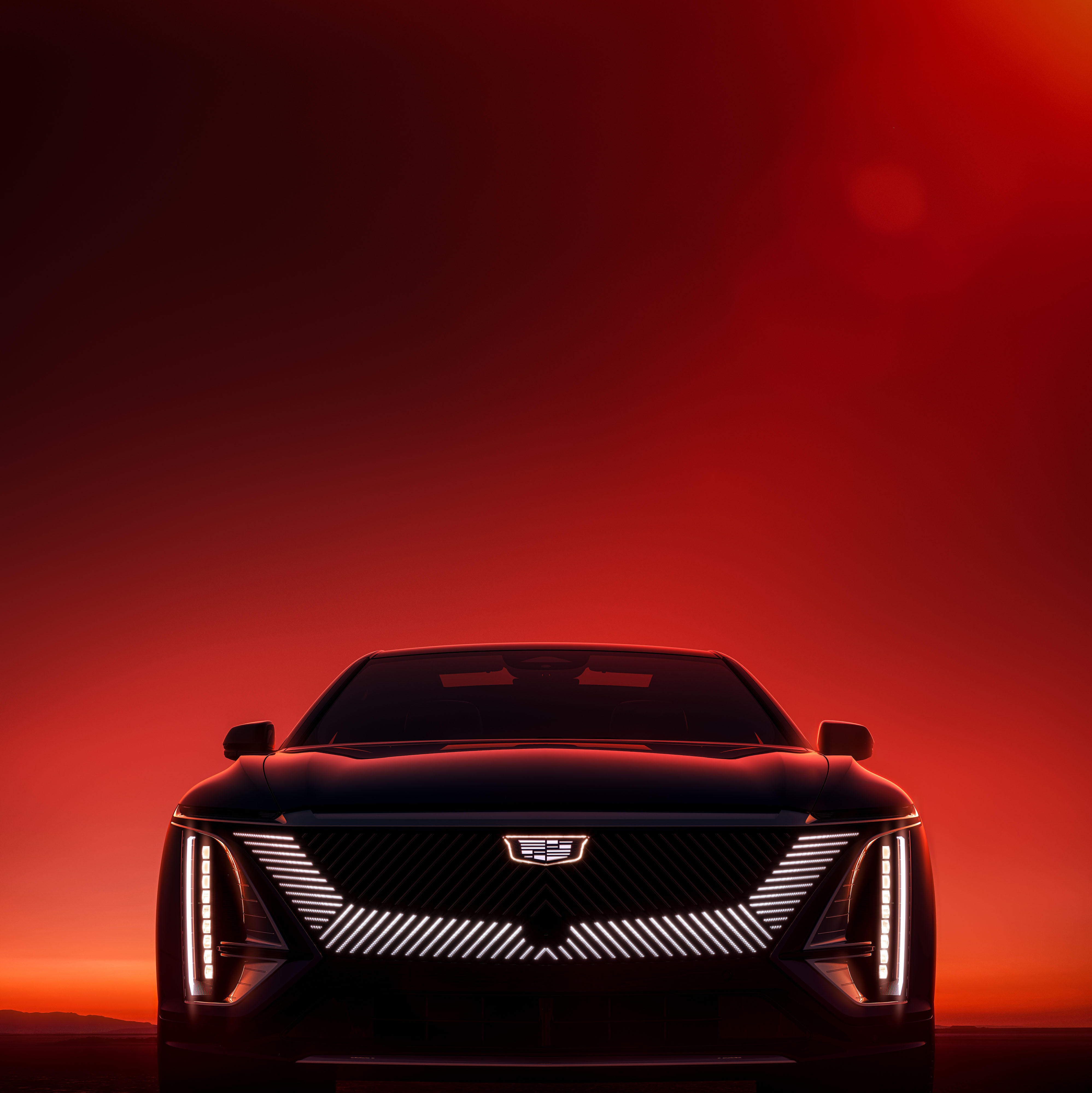 Cadillac Lyriq, Elektroautos, Elektro-SUV, roter Hintergrund