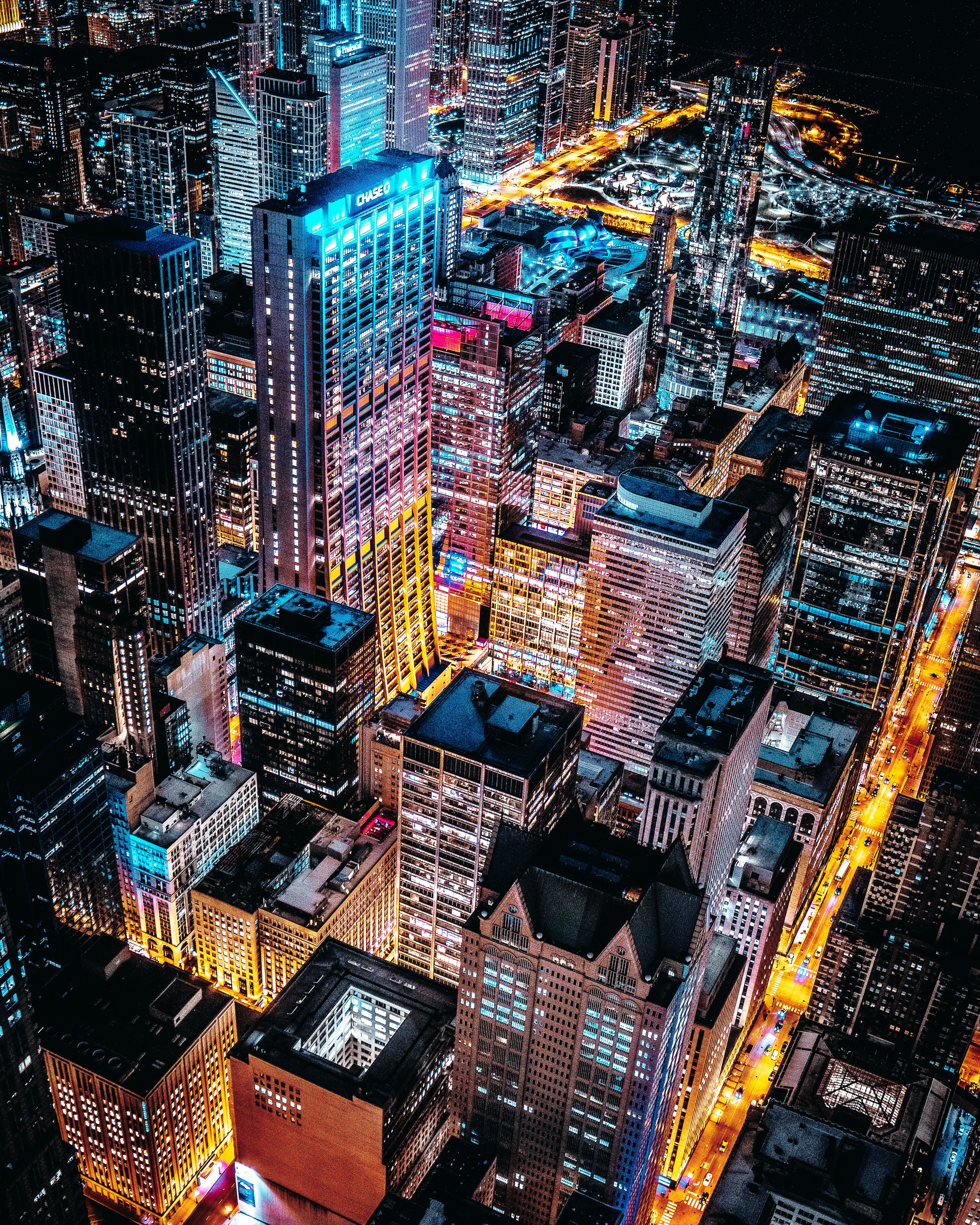 Chicago, Skyline, Wolkenkratzer, Stadtansicht, Nacht, Stadtlichter, Luftaufnahme, Willis Tower, Illinois, USA