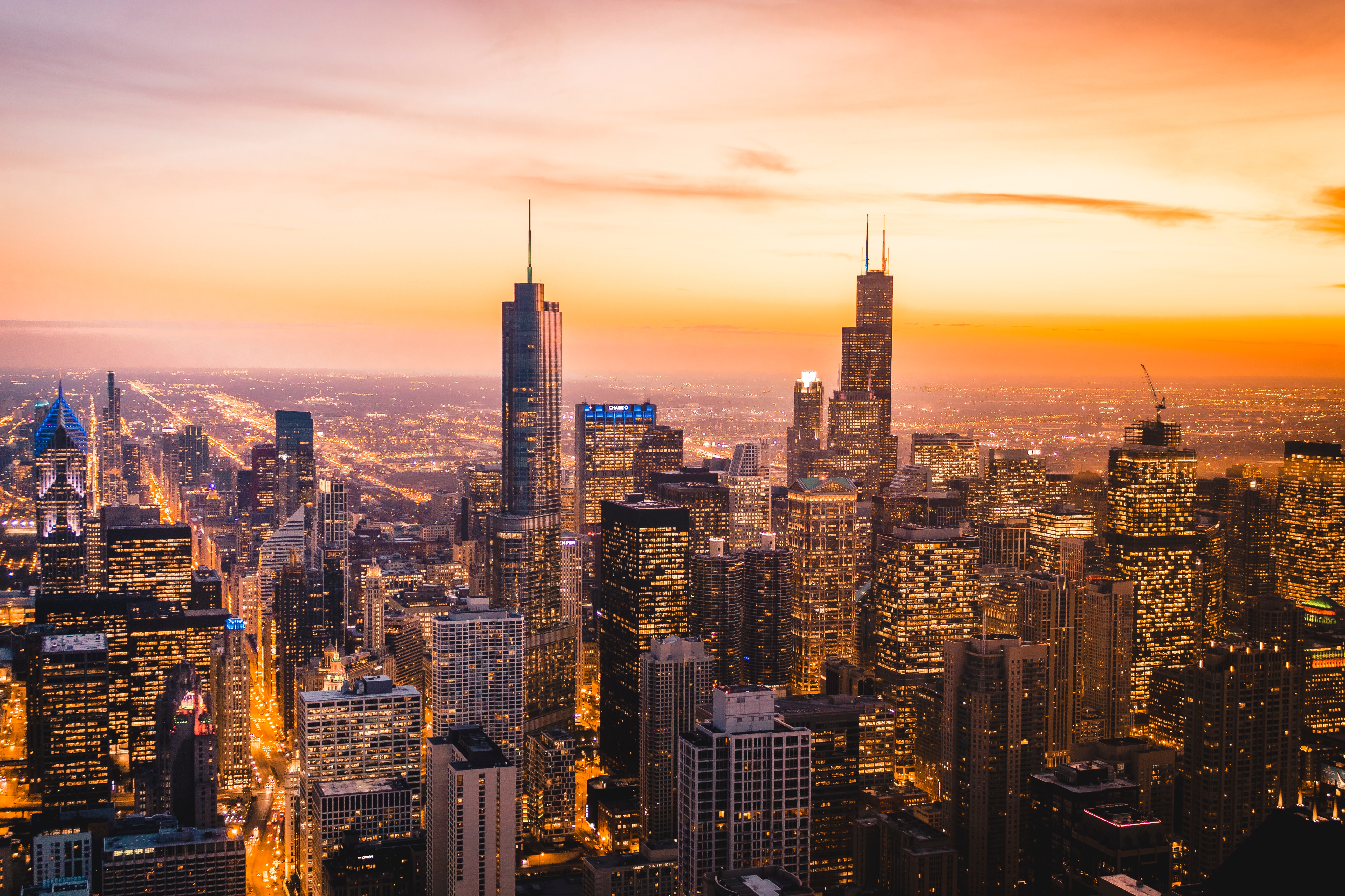 Chicago, Stadtansicht, Skyline, Wolkenkratzer, Morgendämmerung, Sonnenuntergang, Stadtlichter, Illinois, USA, 5K