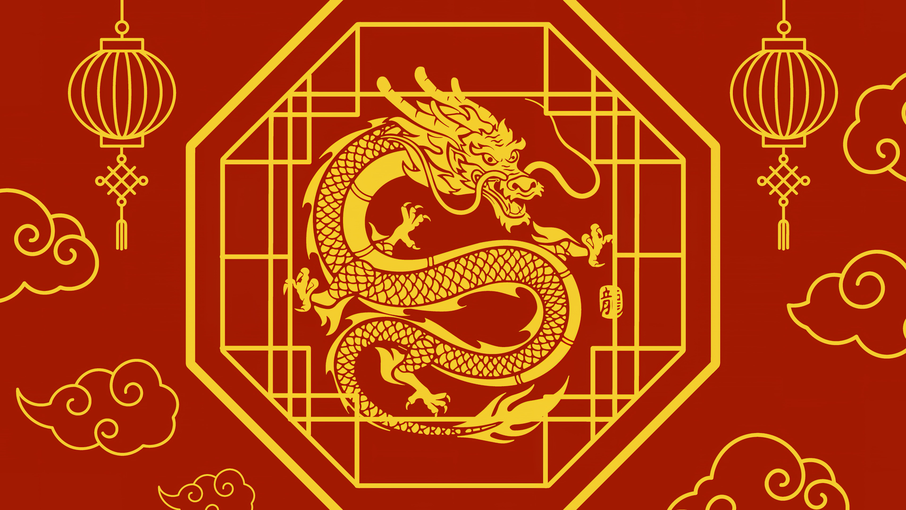 Chinesisches Neujahr, Jahr des Drachen, Illustration, Roter Hintergrund