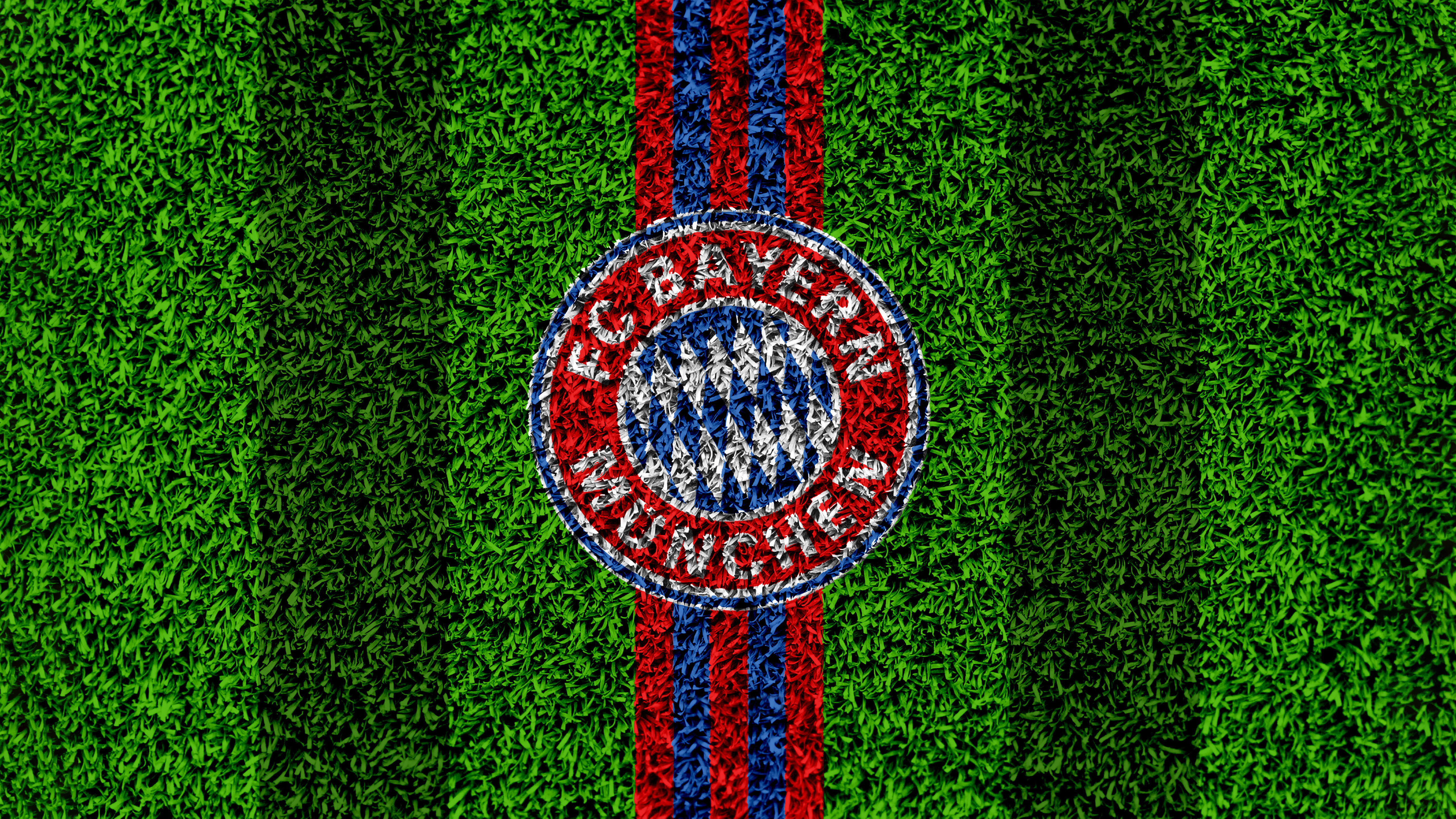 FC Bayern München, grüner Hintergrund, 5K, grünes Gras, Logo