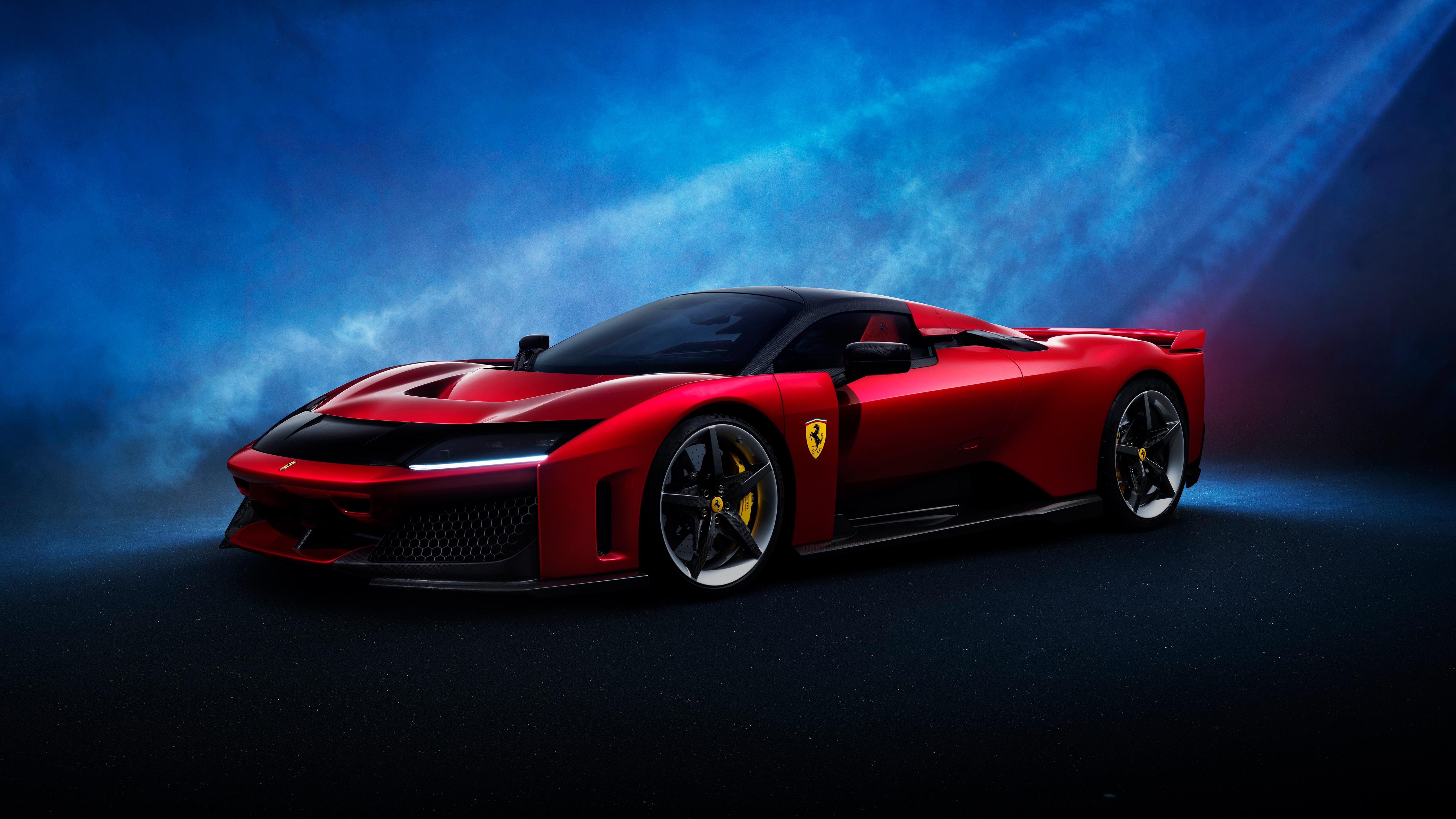 Ferrari F80, Supercar, 2025, Rote Autos, 5K, Blauer Hintergrund