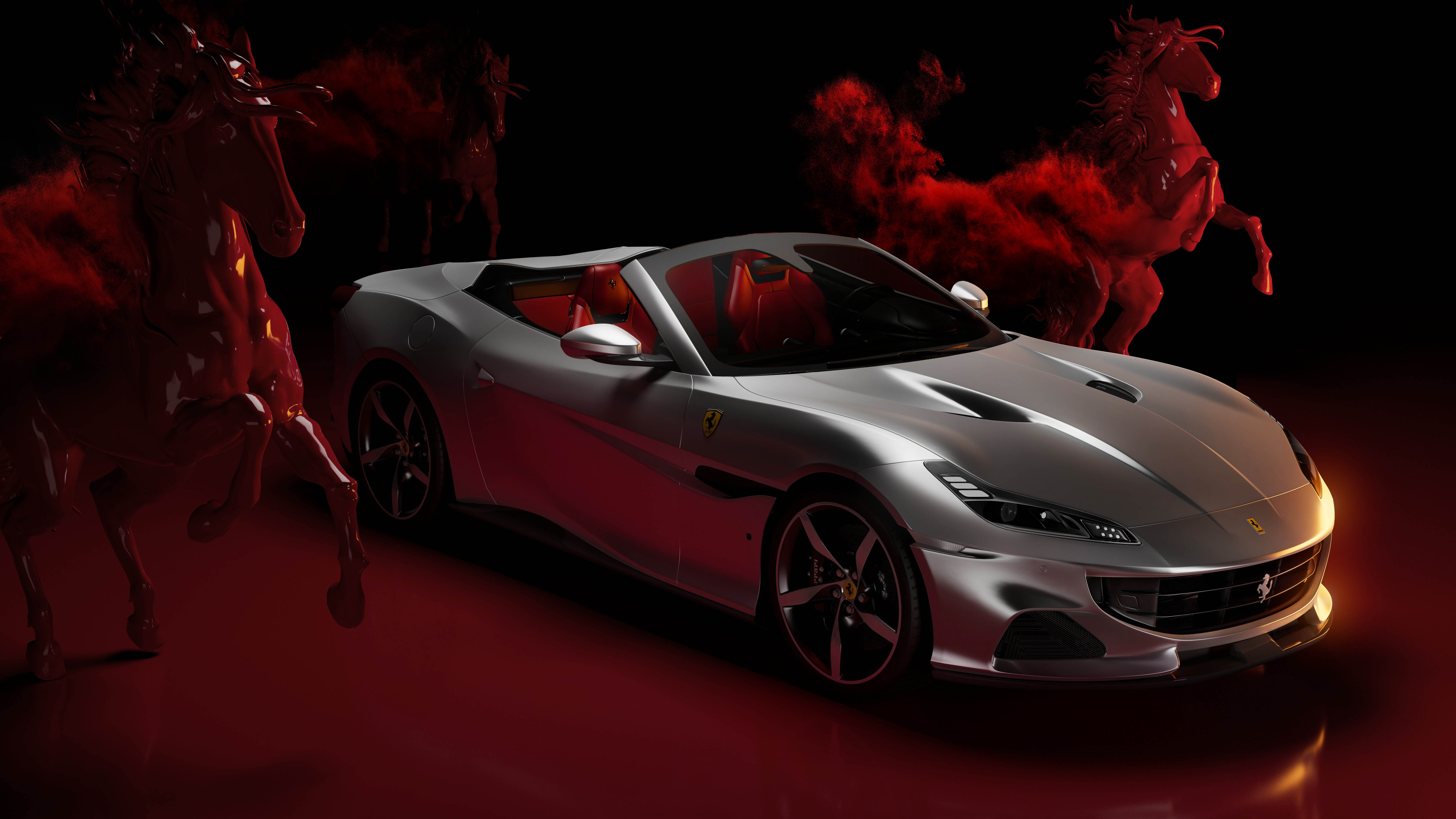 Ferrari Portofino, Rote Ästhetik, 5K, 8K, Supercars, Roter Hintergrund