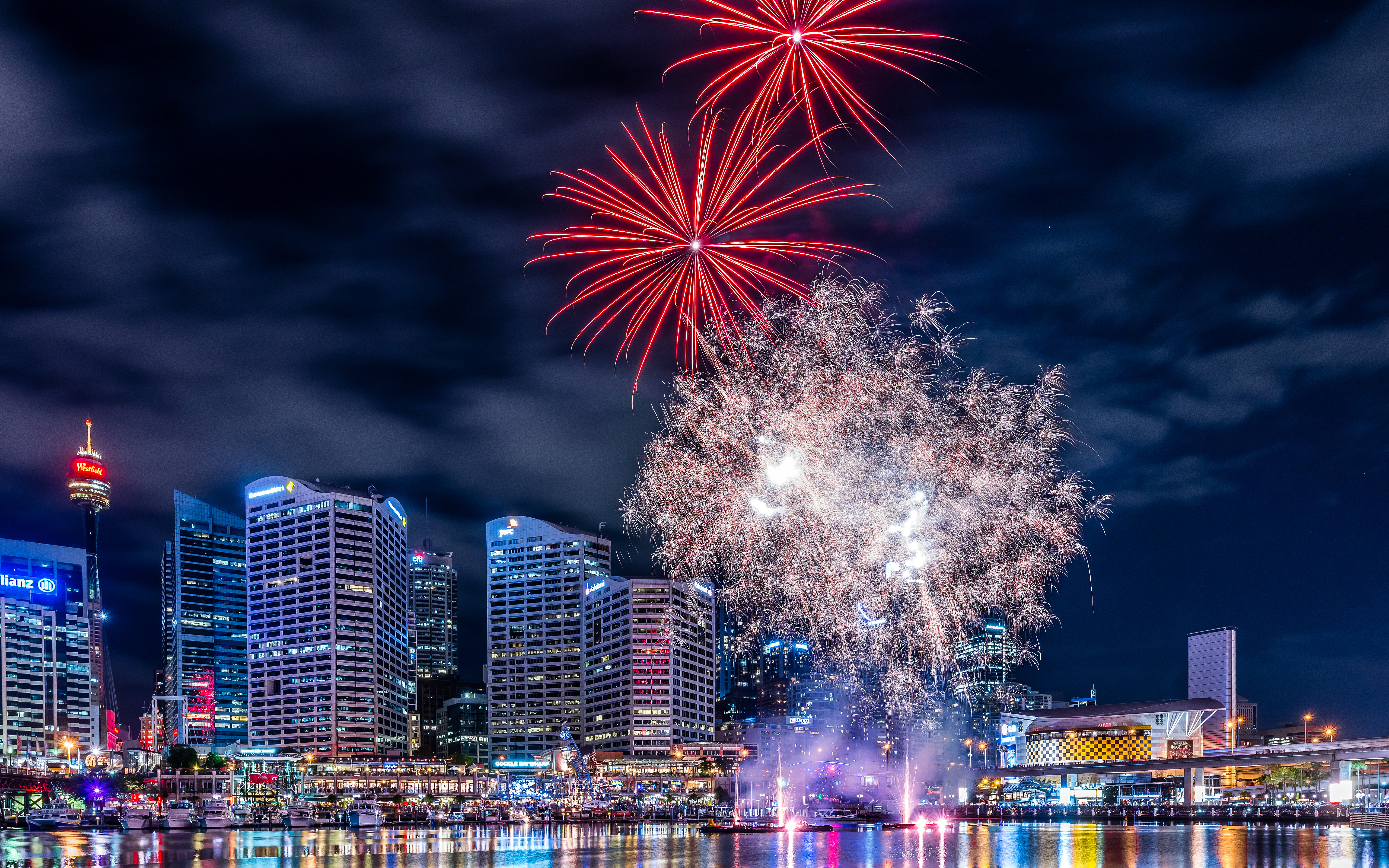 Feuerwerk, Darling Harbour, Sydney, Australien, Nachtstadt, 5K