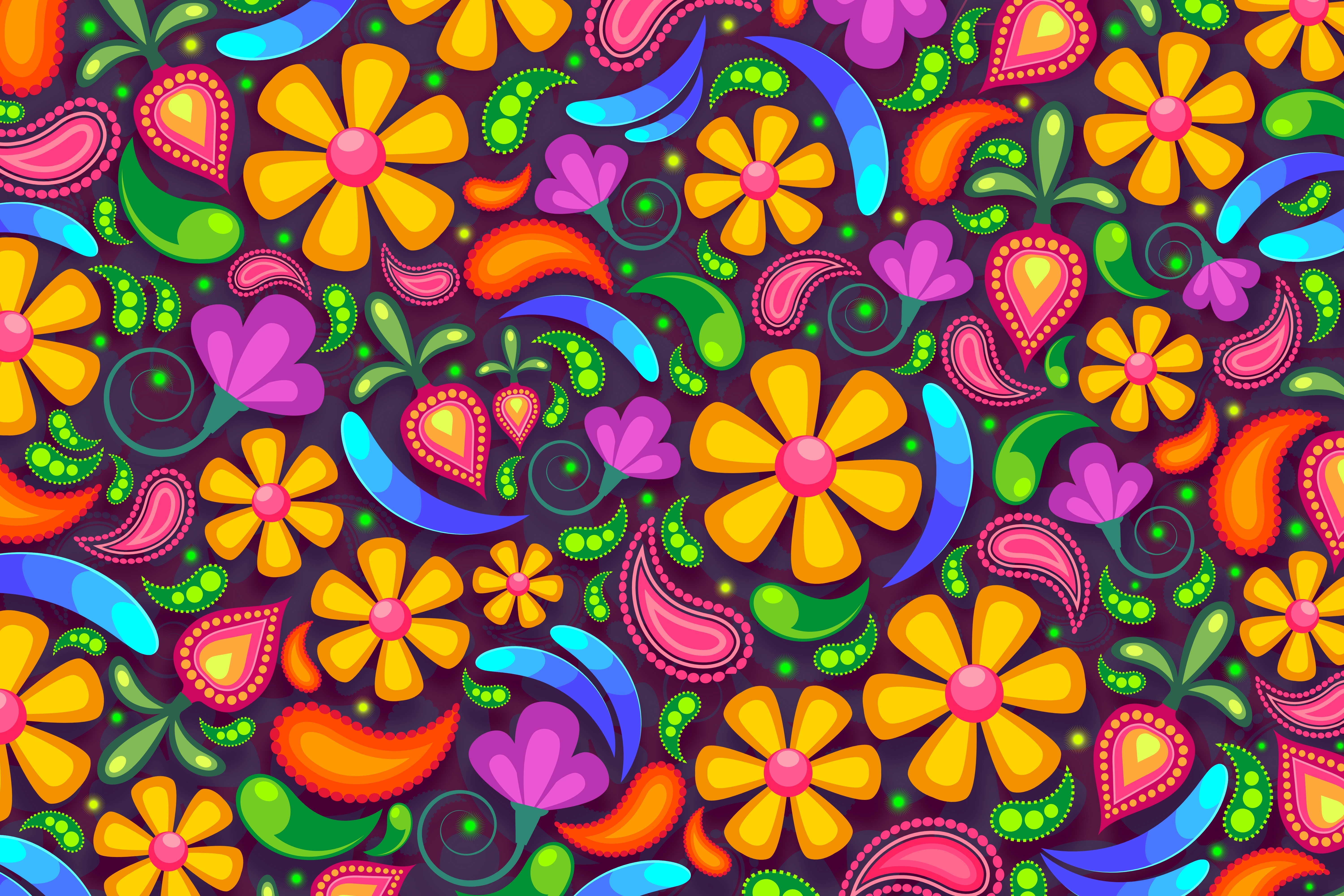 Florale Designs, Mädchenhafte Hintergründe, Digitale Kunst, Paisley-Muster, Farbenfroh, Illustration, Mehrfarbig, 5K