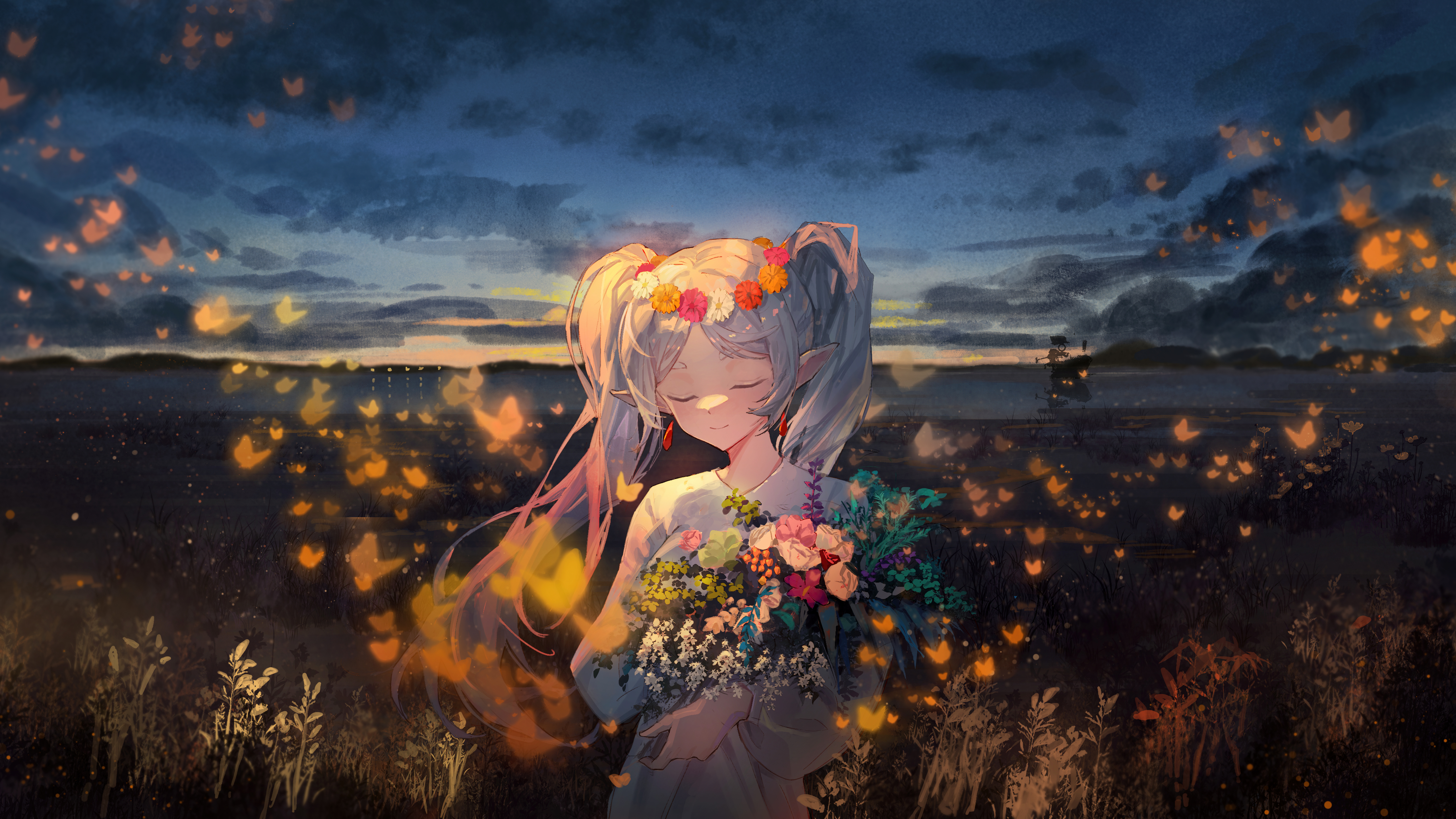 Frieren, Anime-Mädchen, Surreal, Blumenstrauß, 5K, Frieren: Beyond Journey's End
