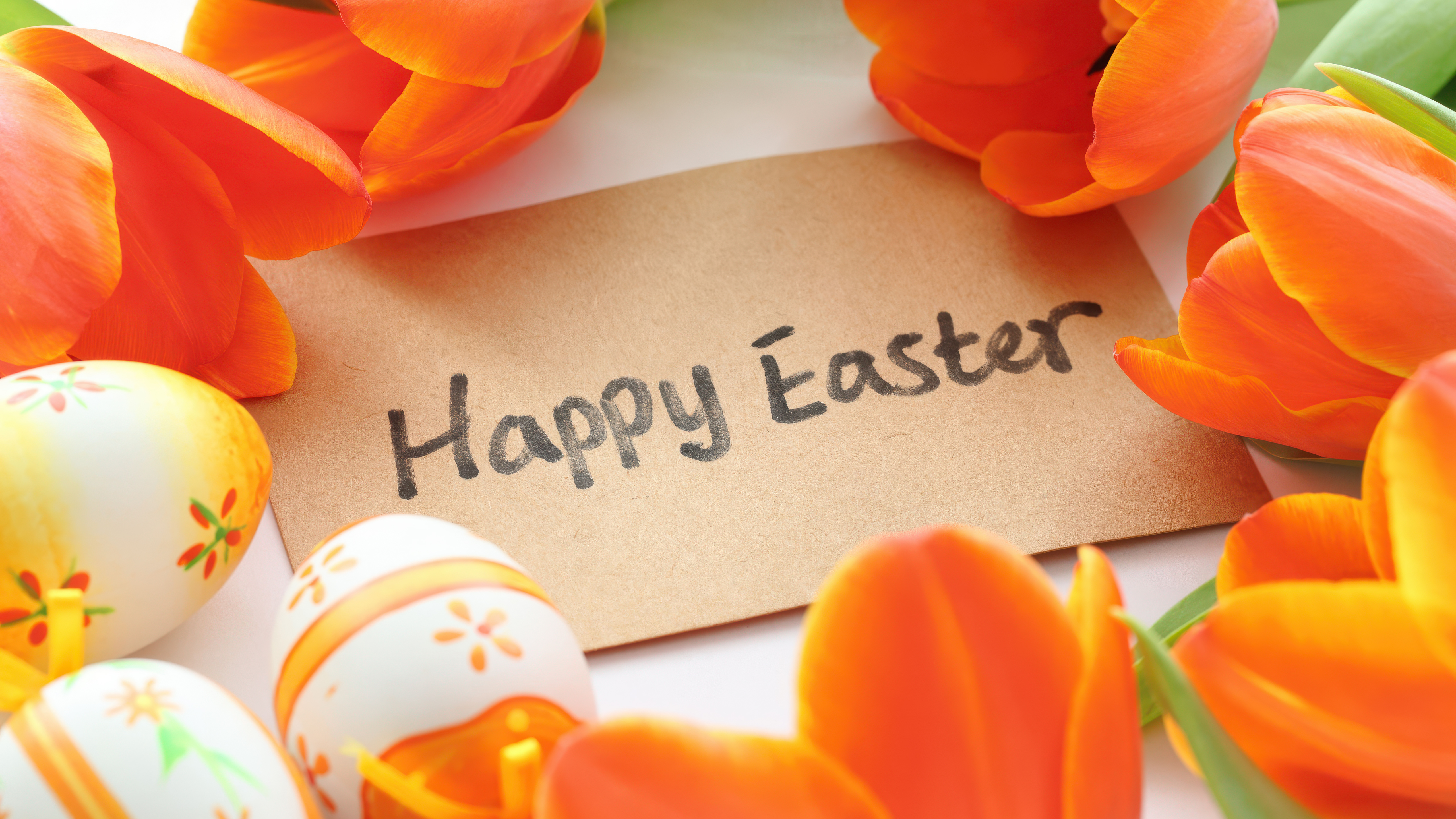 Frohe Ostern, Tulpen, Ostereier, Orange Blumen, 5K