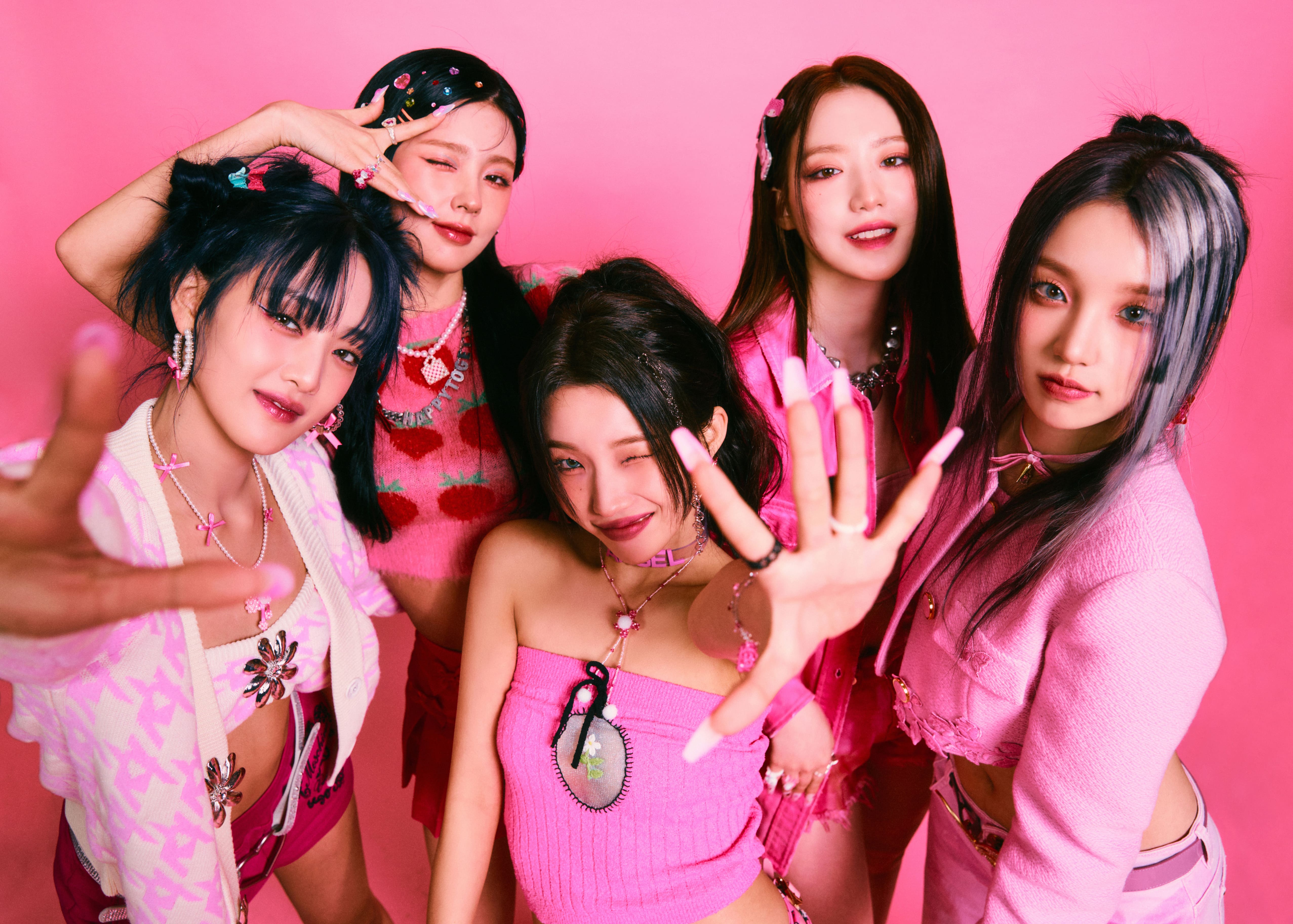 (G)I-dle, Rosa Ästhetik, 5K, Girlgroup, Koreanische Sängerinnen, K-Pop-Sängerinnen, Yuqi, Minnie, Miyeon, Shuhua, Soojin, Soyeon, Rosa Hintergrund