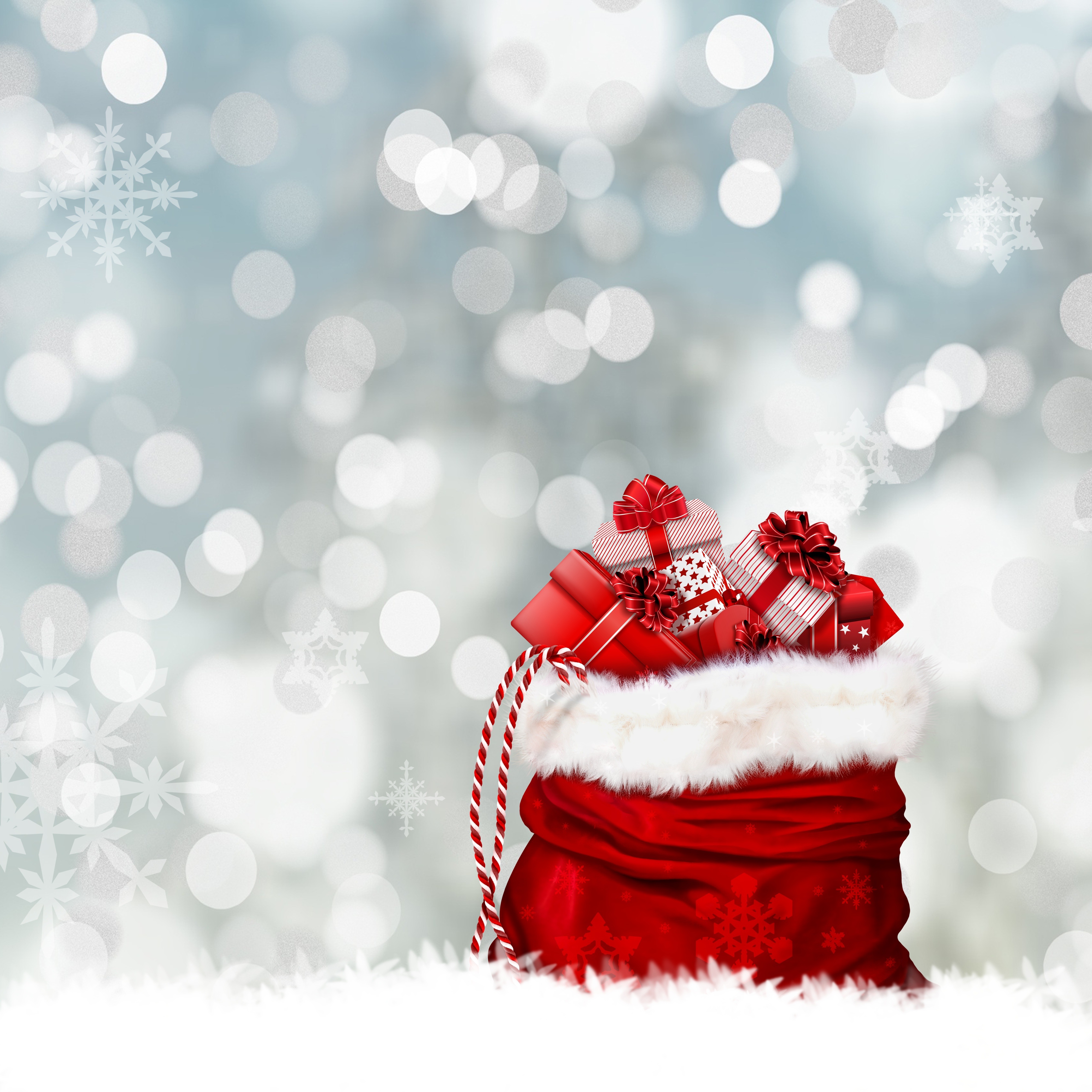 Geschenke, Weihnachtsmannsack, Präsente, Bokeh, Lichter, Heiligabend, Xmas-Hintergrund, Navidad, Noel