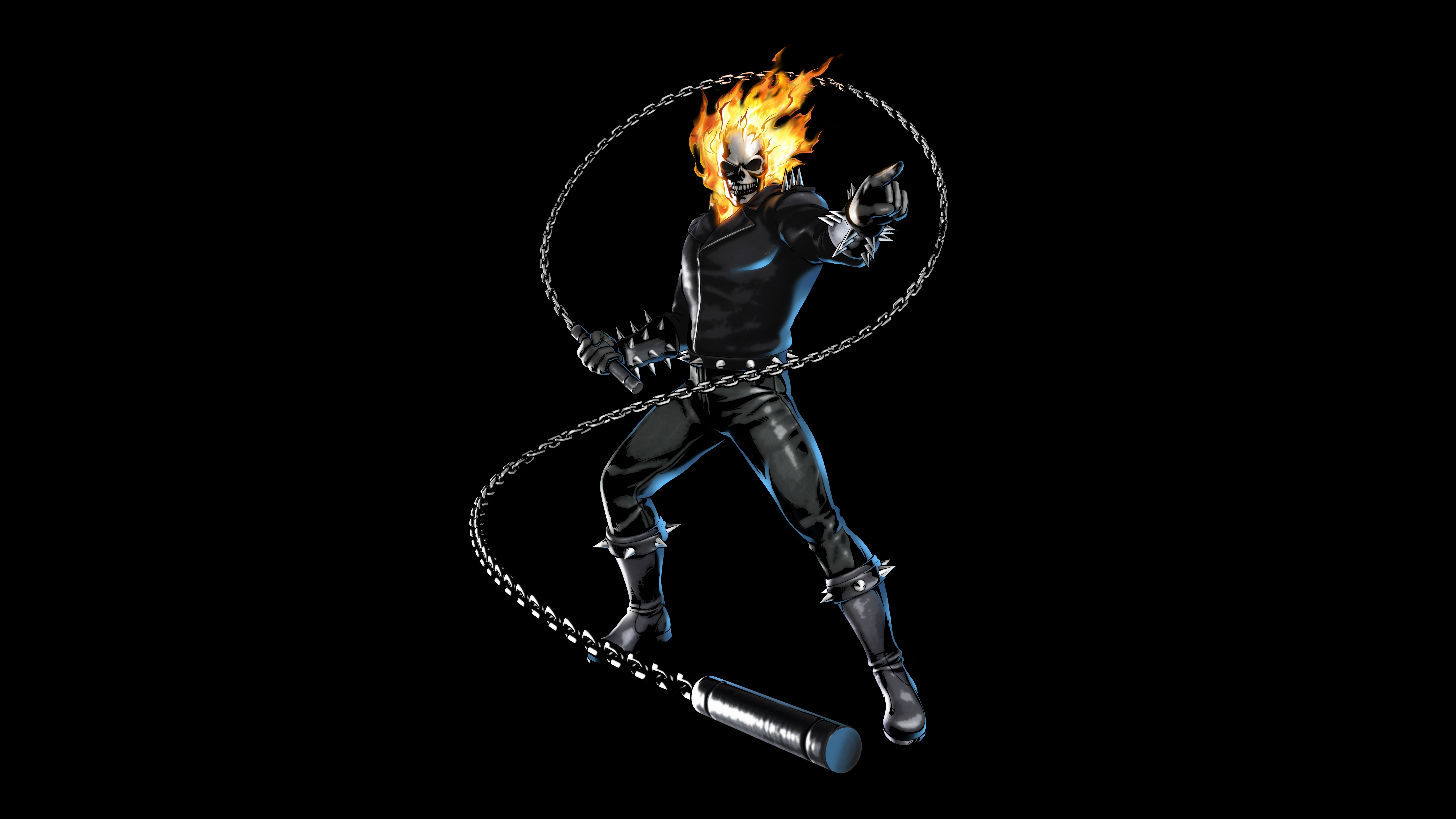 Ghost Rider, Feuer, 8K, 5K, Schwarzer Hintergrund, Marvel-Superhelden, AMOLED, Totenkopf