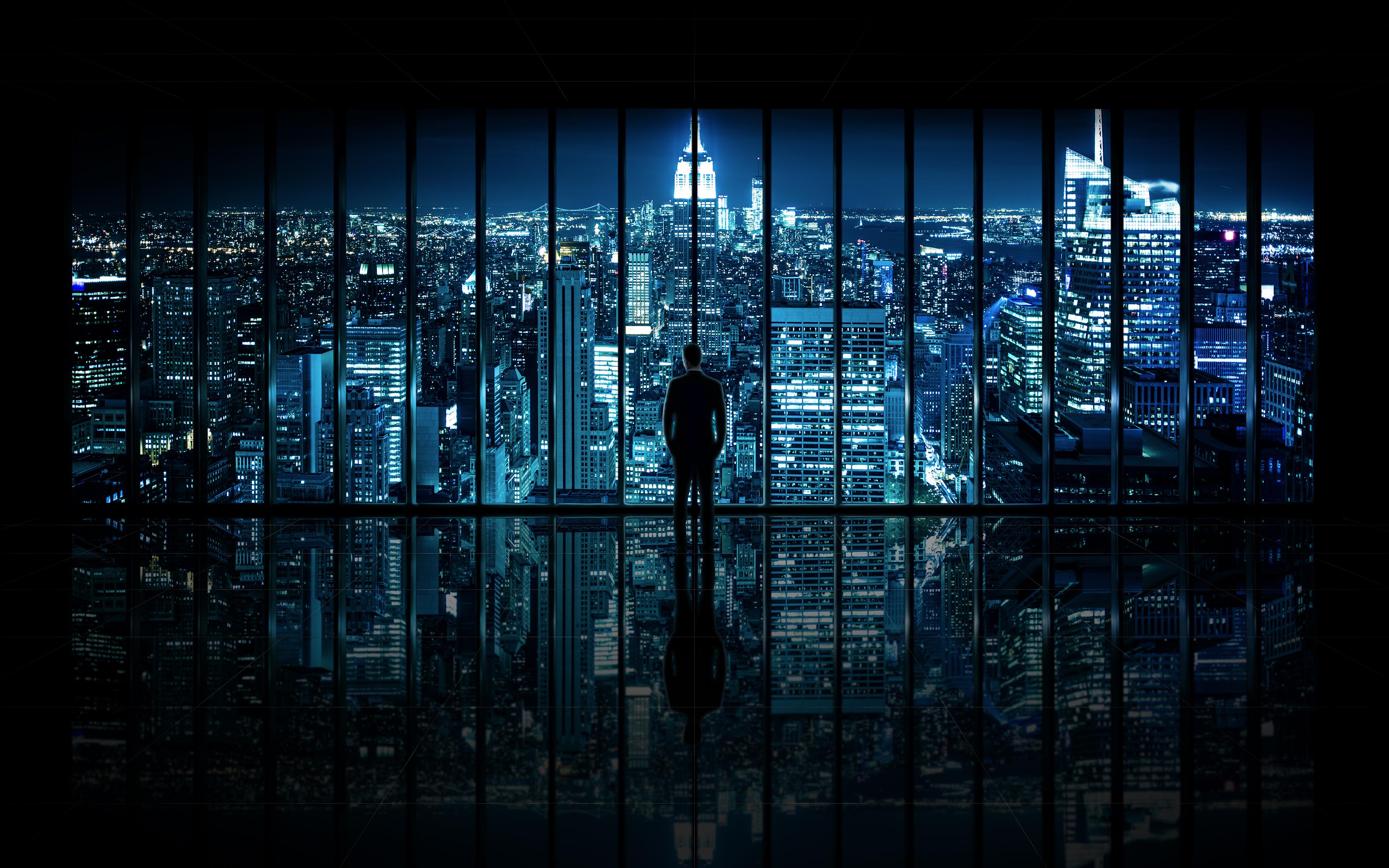 Gotham, Stadtbild, Stadtlichter, Stehend, Mann, Spiegelung, Muster, Wolkenkratzer, Nachtzeit, New York City