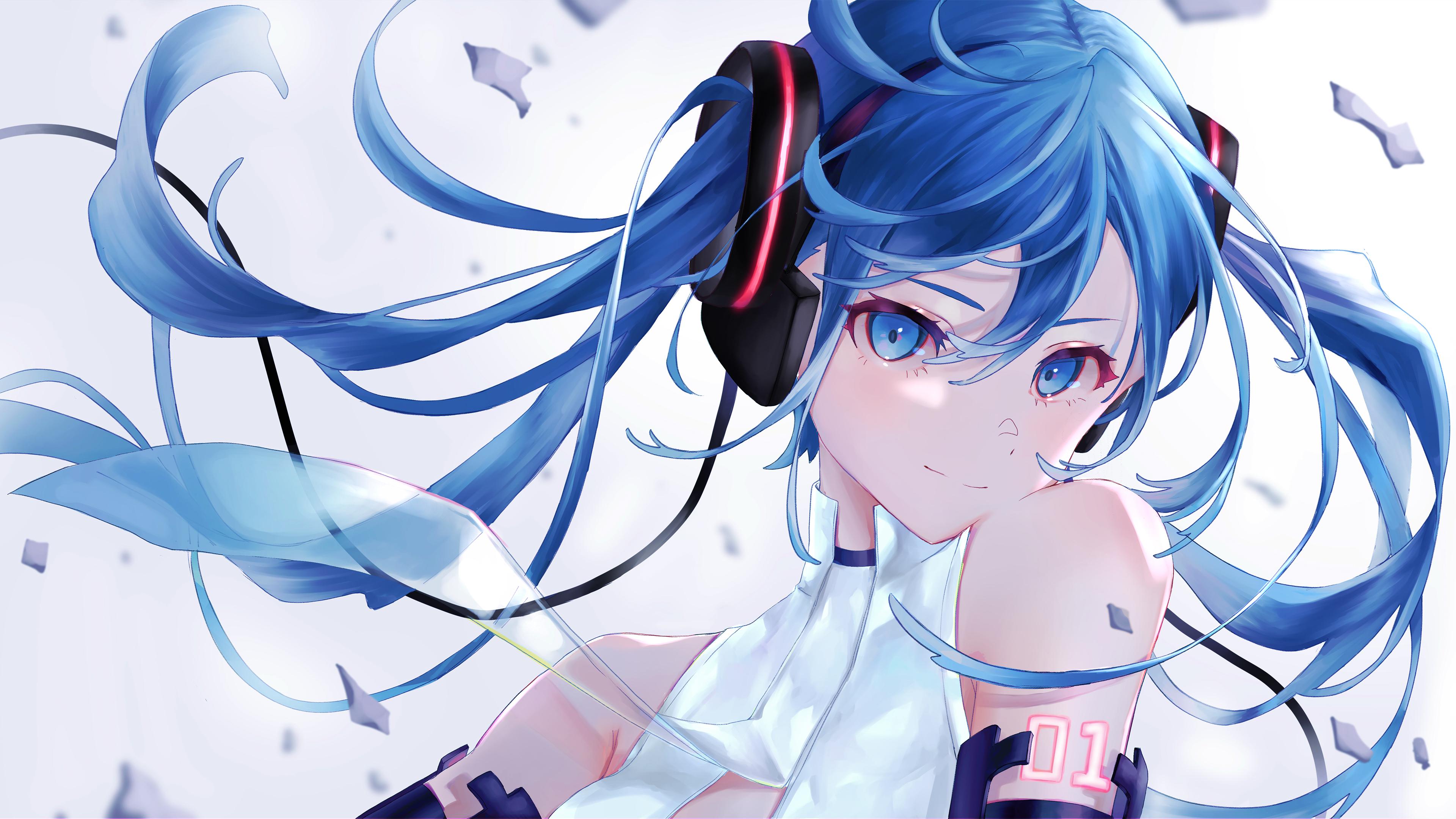 Hatsune Miku, Anime-Mädchen, Weißer Hintergrund, Blau