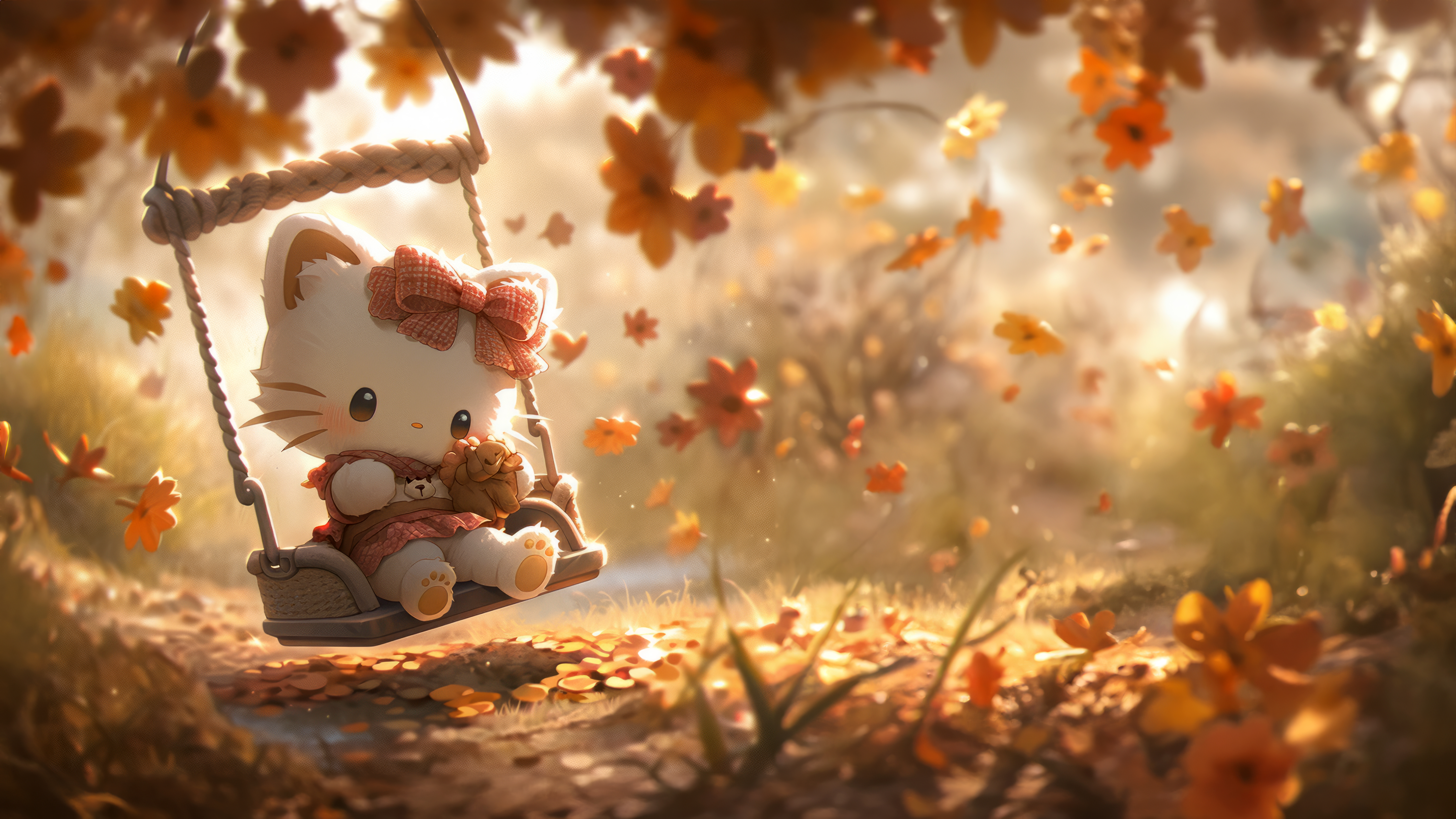 Hello Kitty, Herbsthintergrund, 5K, 8K, Bezaubernd, Schaukel, Surreal, Ästhetisch
