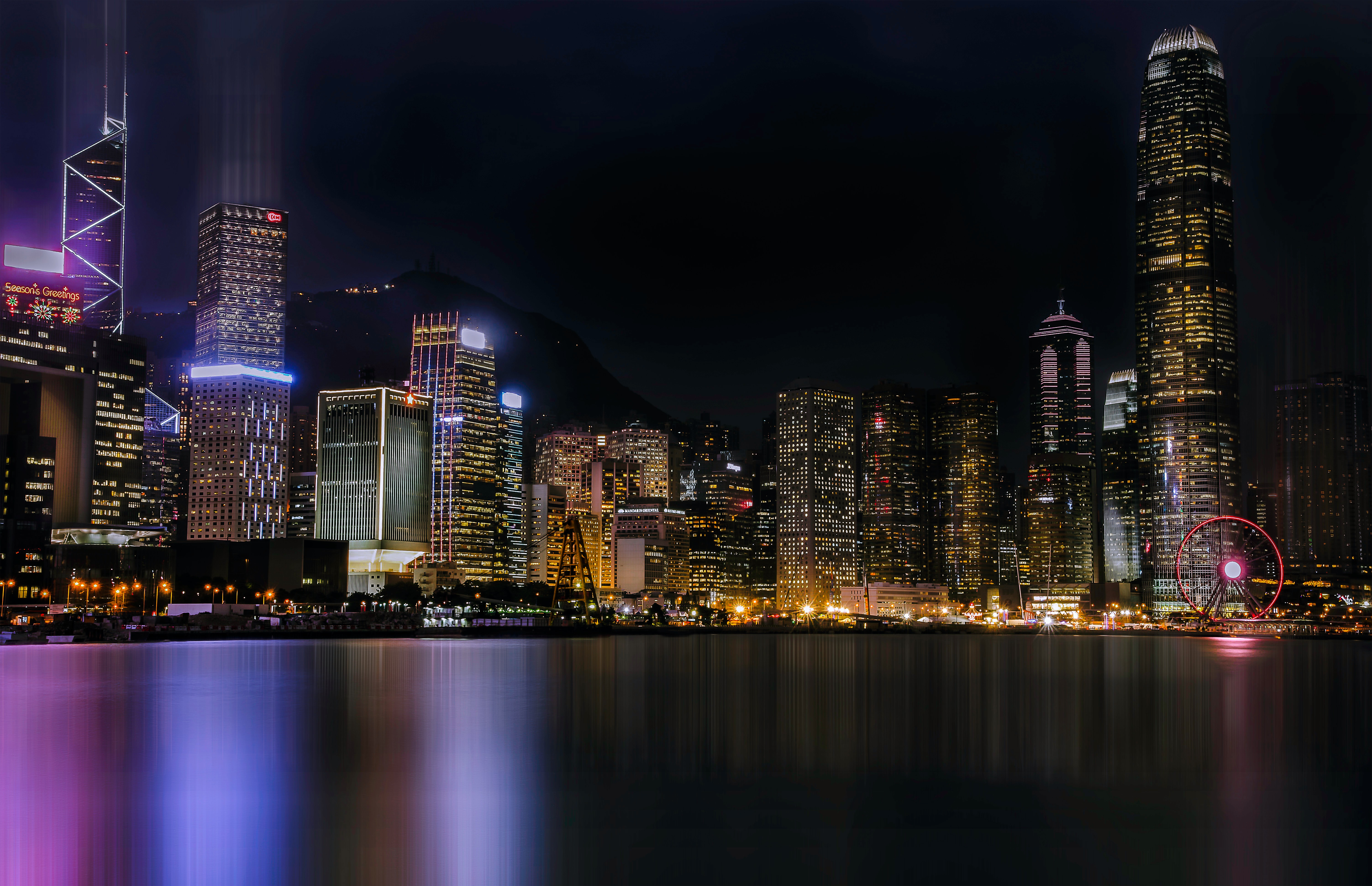Hongkong, 5K, Stadtbild, Wolkenkratzer, Nachtleben, Riesenrad, Lichter, Fluss, Spiegelung