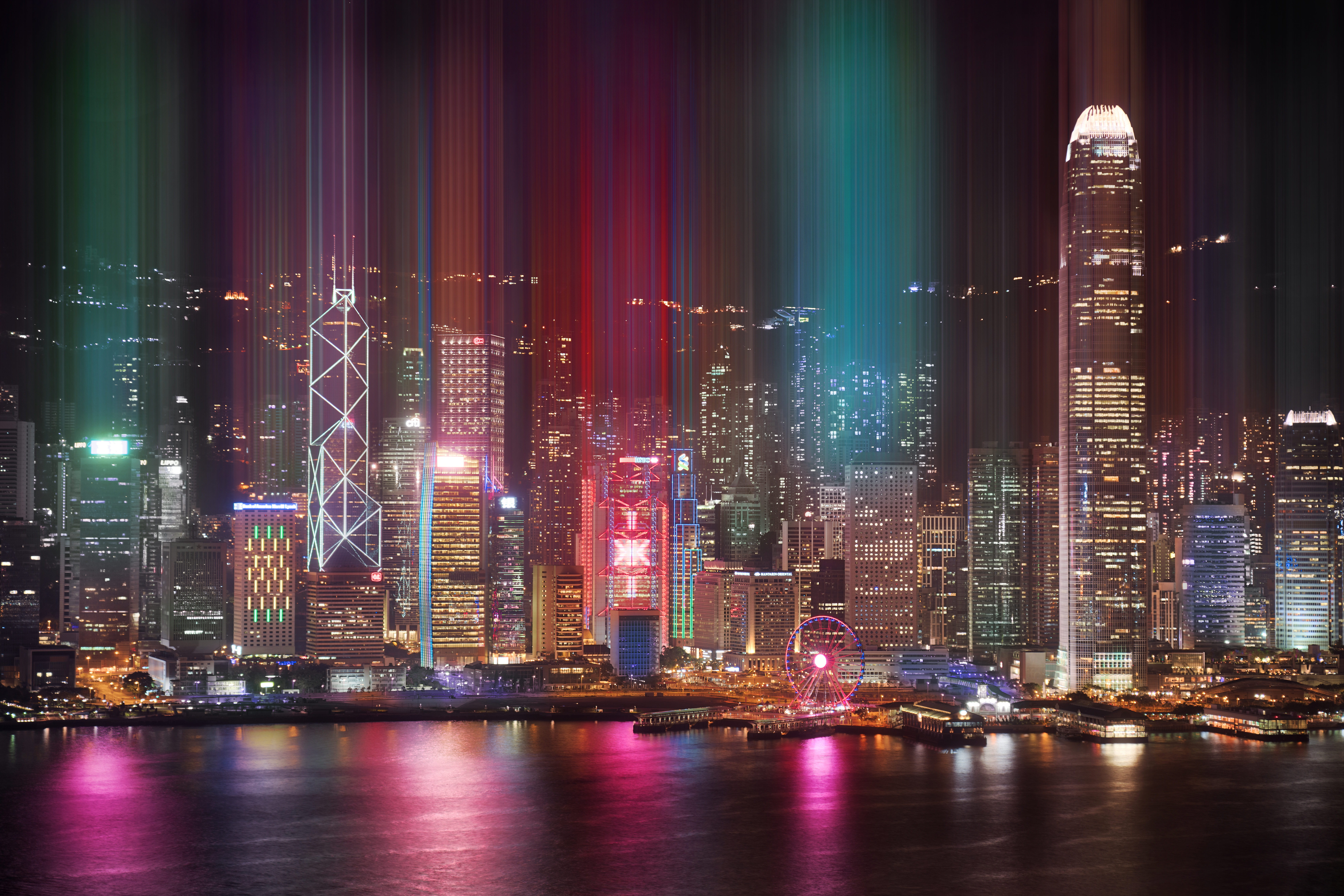 Hongkong, 8K, Stadtbild, Kowloon, Moderne Architektur, Nachtleben, Riesenrad, Lichter, Fluss, Spiegelung, 5K