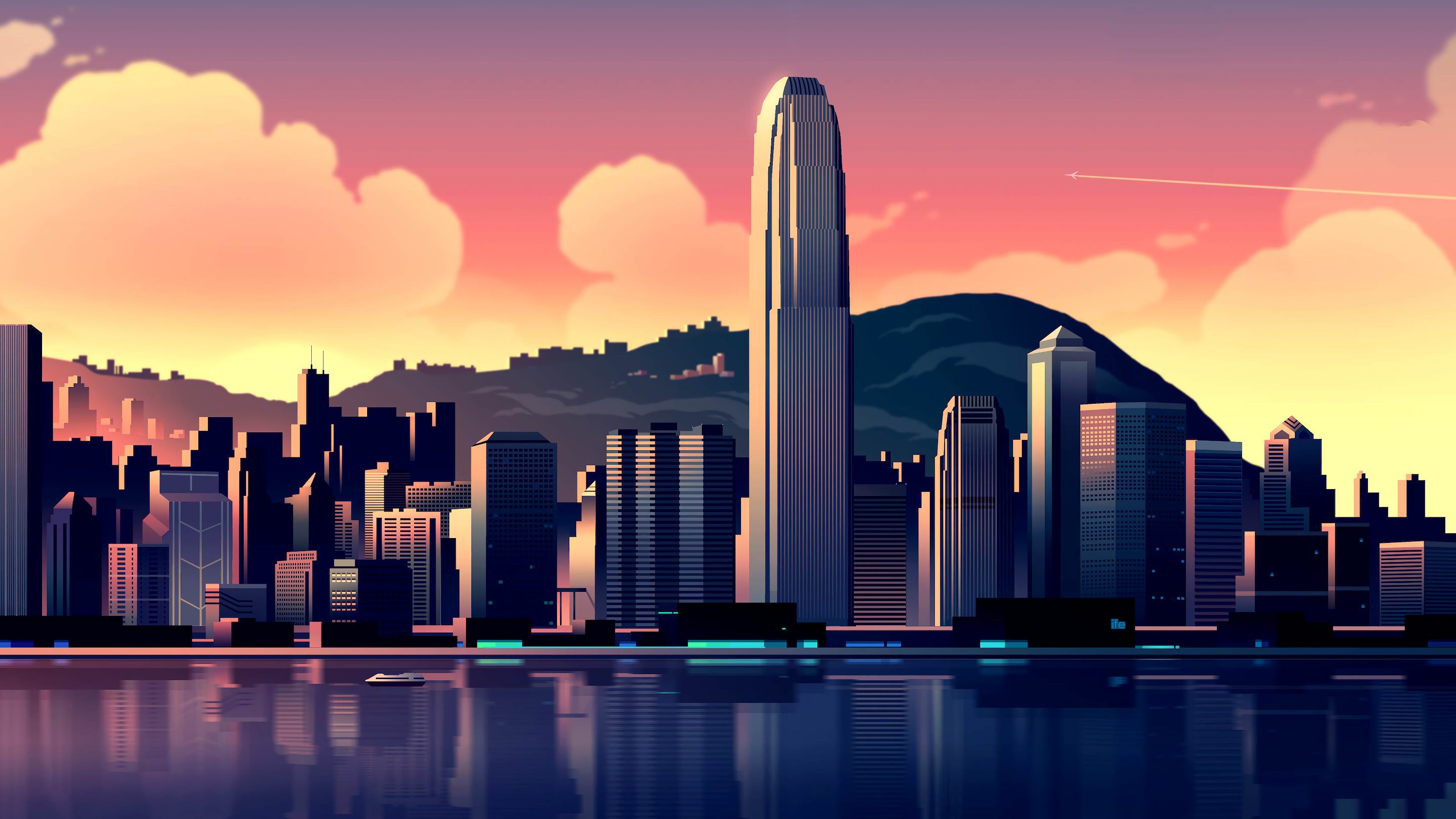 Hongkong, Illustration, Stadtansicht, Sonnenuntergang, Gebäude, Wolkenkratzer