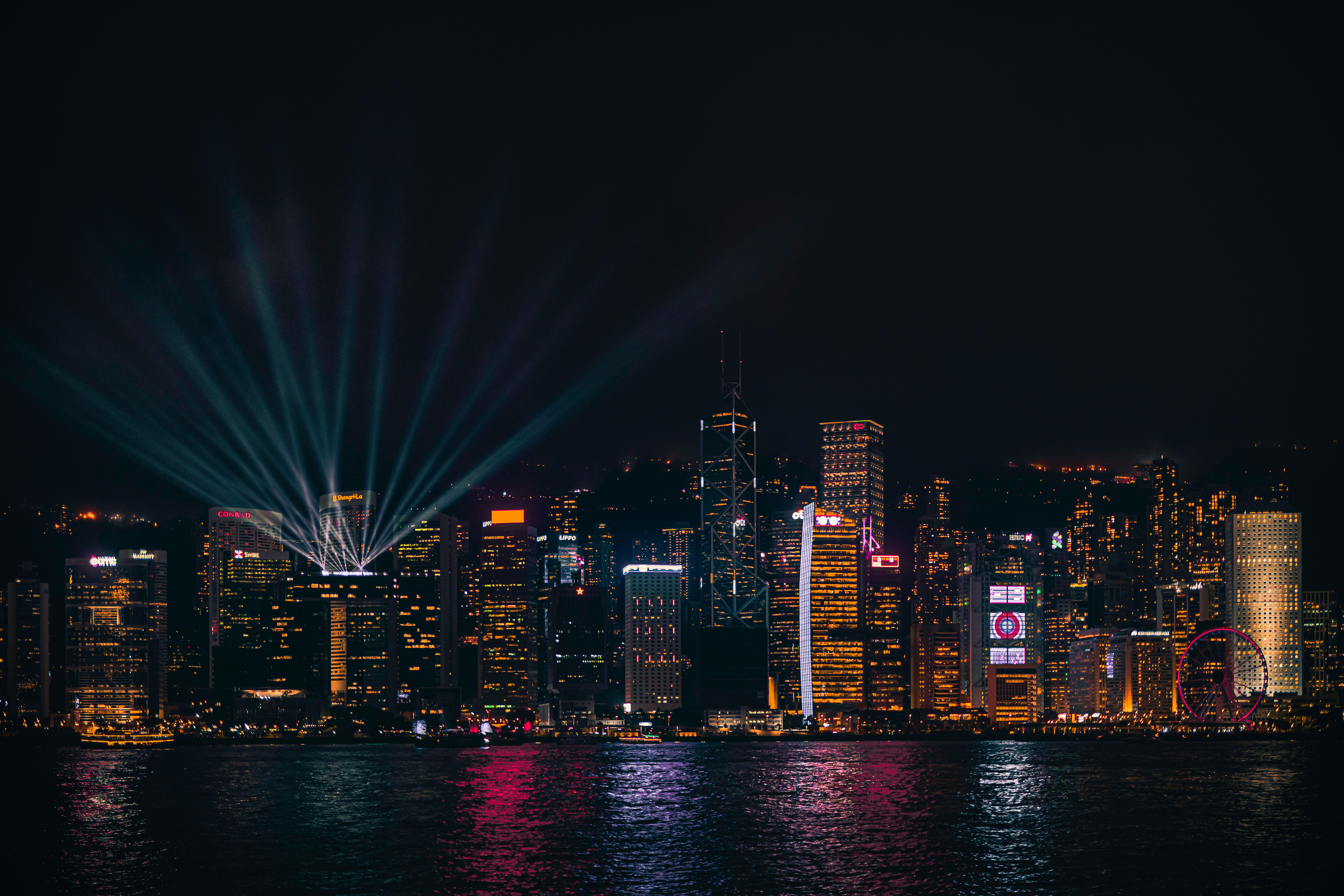 Hongkong, Nachtstadt, Stadtbild, Reflexionen, 5K