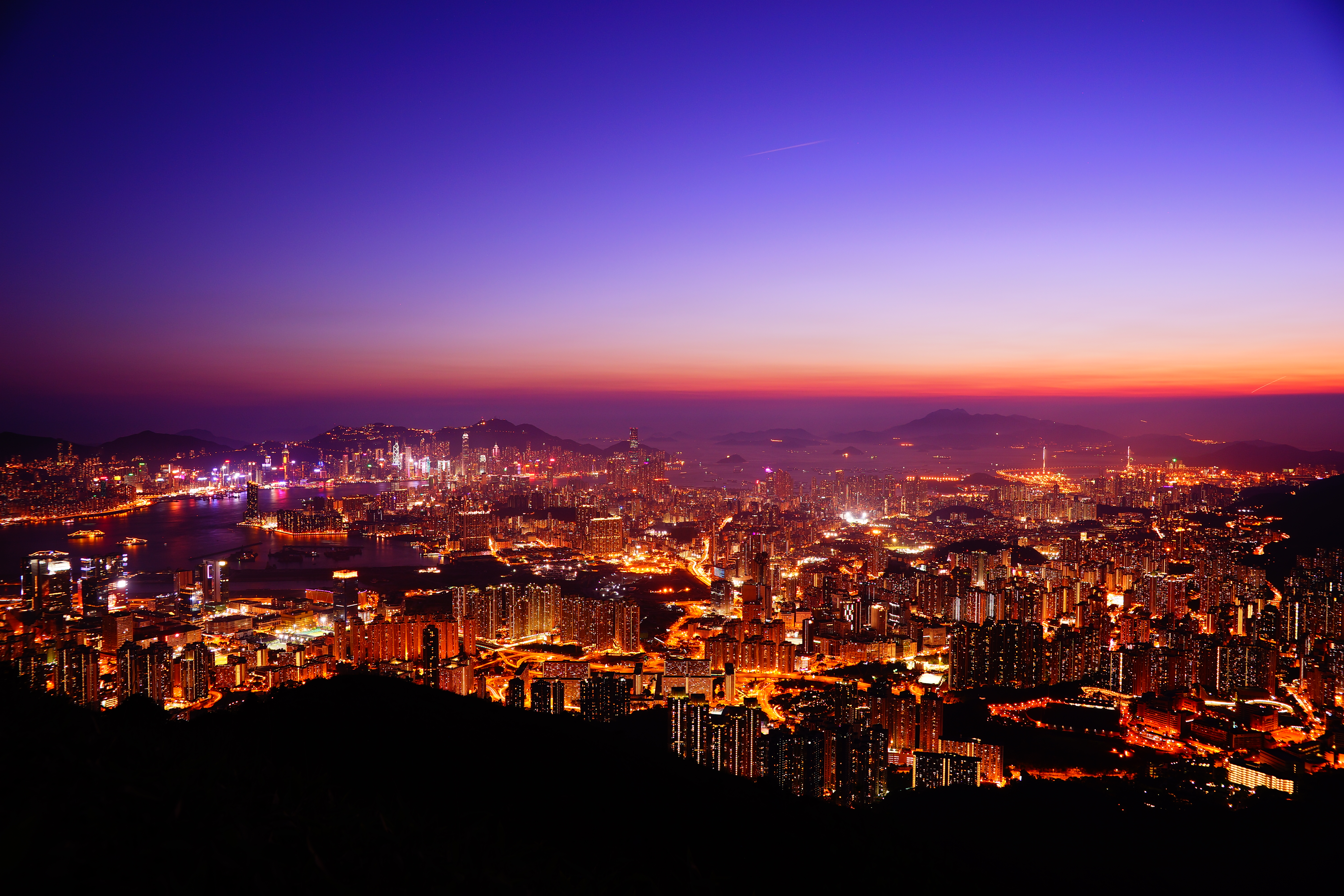 Hongkong, Nachtzeit, Ästhetisch, Skyline, Sonnenuntergang, Stadtbild, Luftaufnahme, Stadtlichter, Dämmerung, Horizont, Klarer Himmel, Wolkenkratzer, 5K