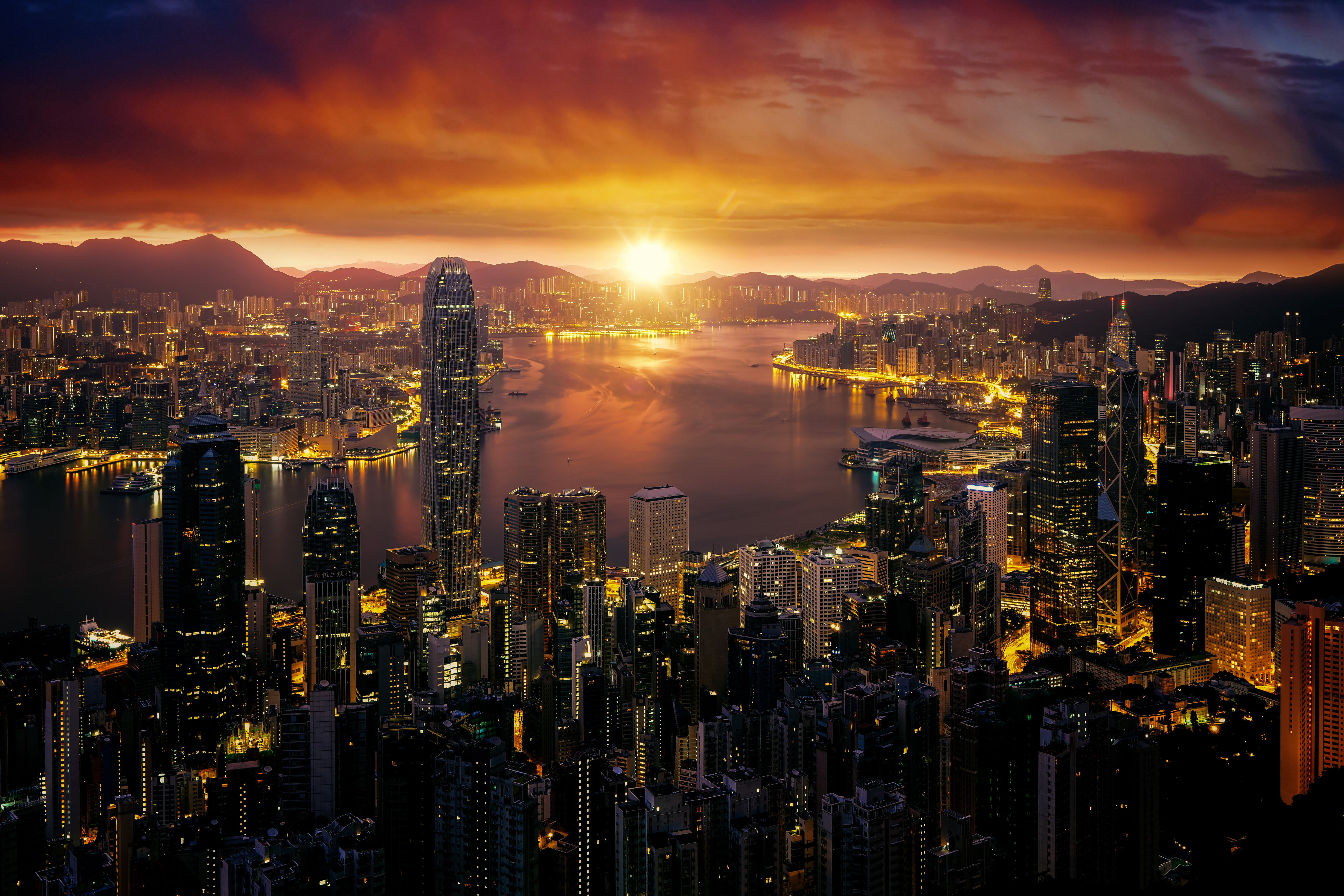 Hongkong, Sonnenaufgang, Stadtansicht, Stadtlichter, Skyline, 5K