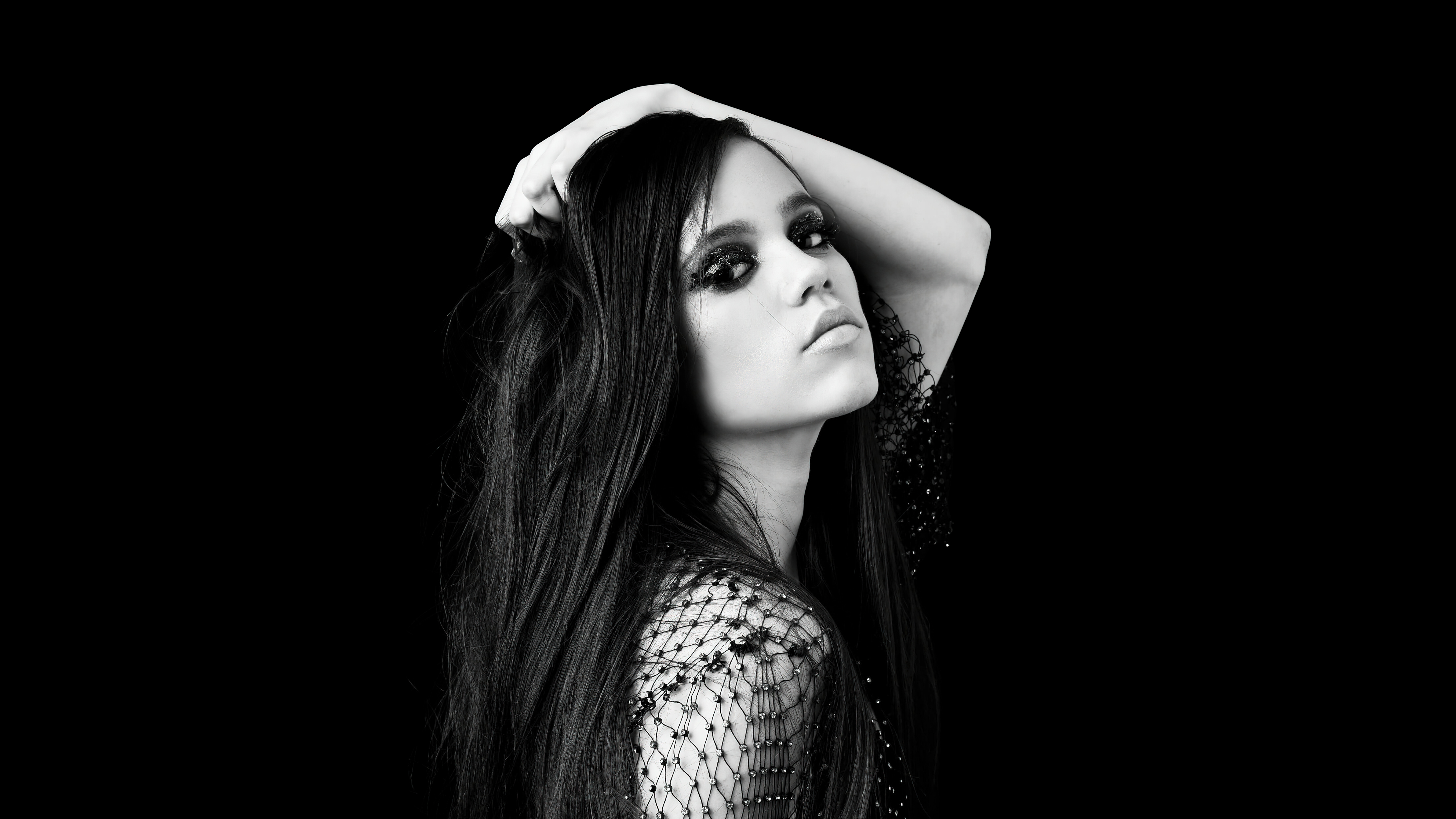 Jenna Ortega, AMOLED, 8K, Dunkle Ästhetik, Schwarzer Hintergrund, 2023, Fotoshooting, 5K