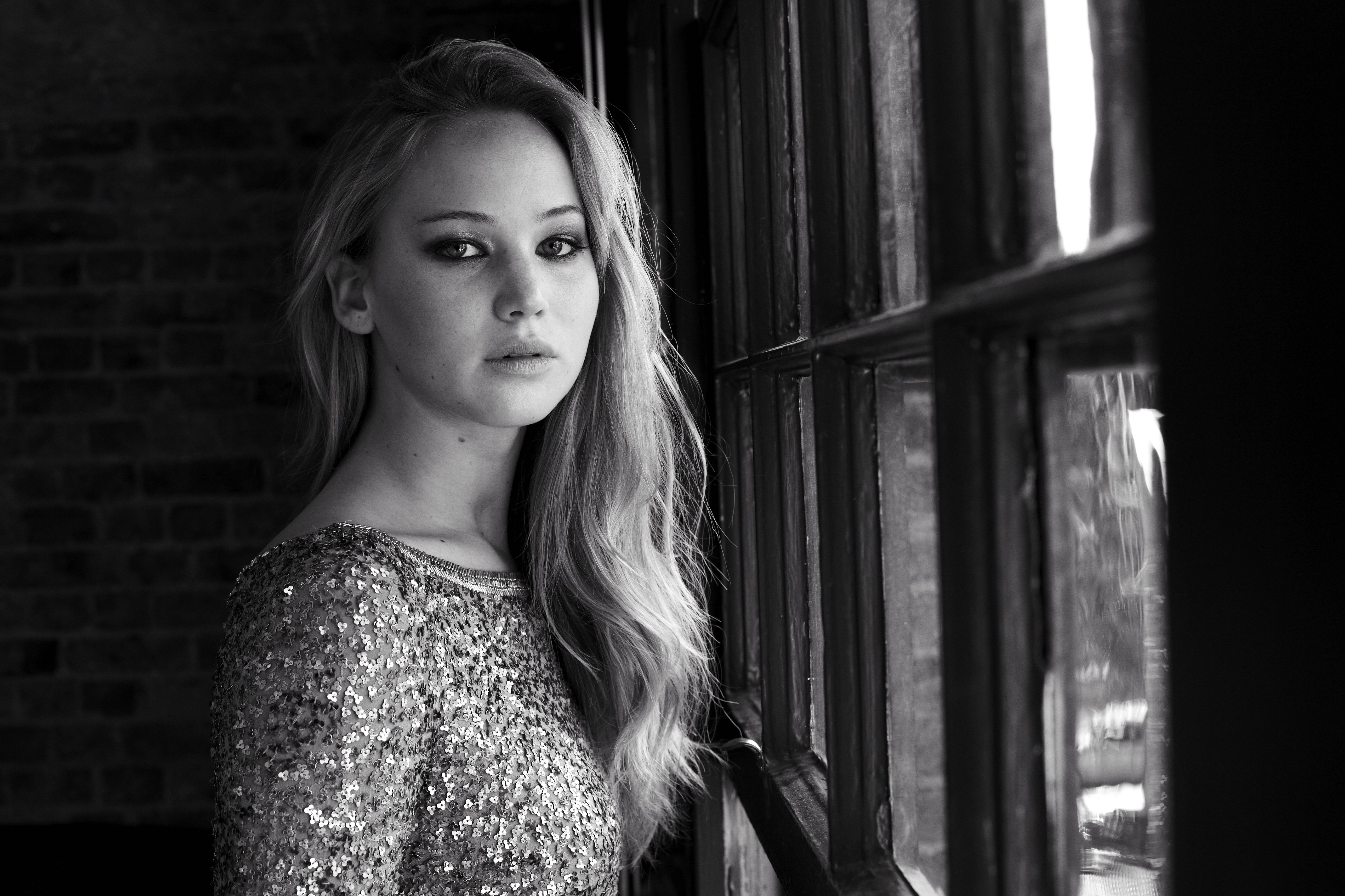 Jennifer Lawrence, 5K, Monochrom, amerikanische Schauspielerin, Schwarz-Weiß