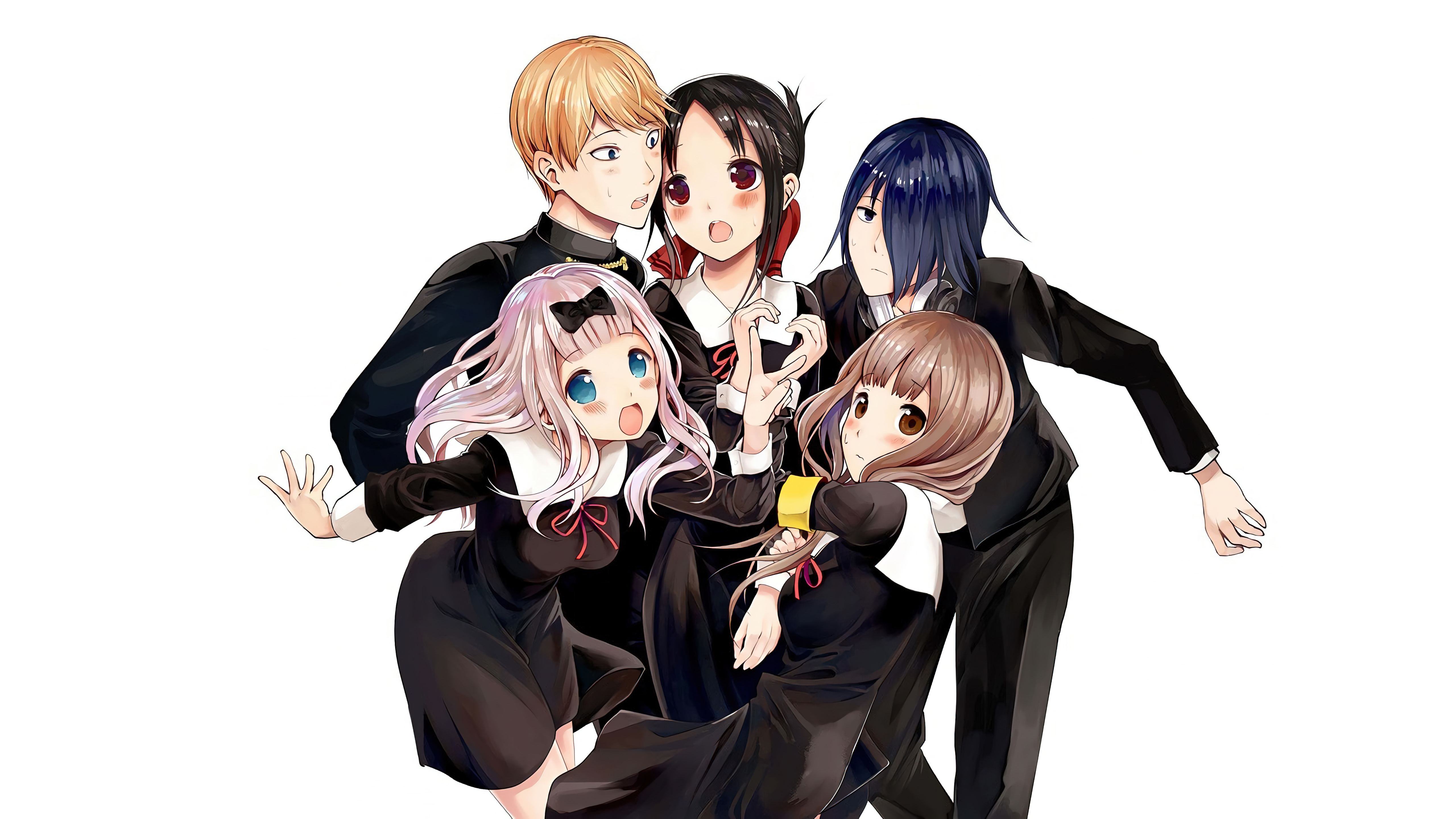 Kaguya-sama: Love is War, weißer Hintergrund, Chika Fujiwara, Miyuki Shirogane, Yuu Ishigami, Kaguya Shinomiya, 5K