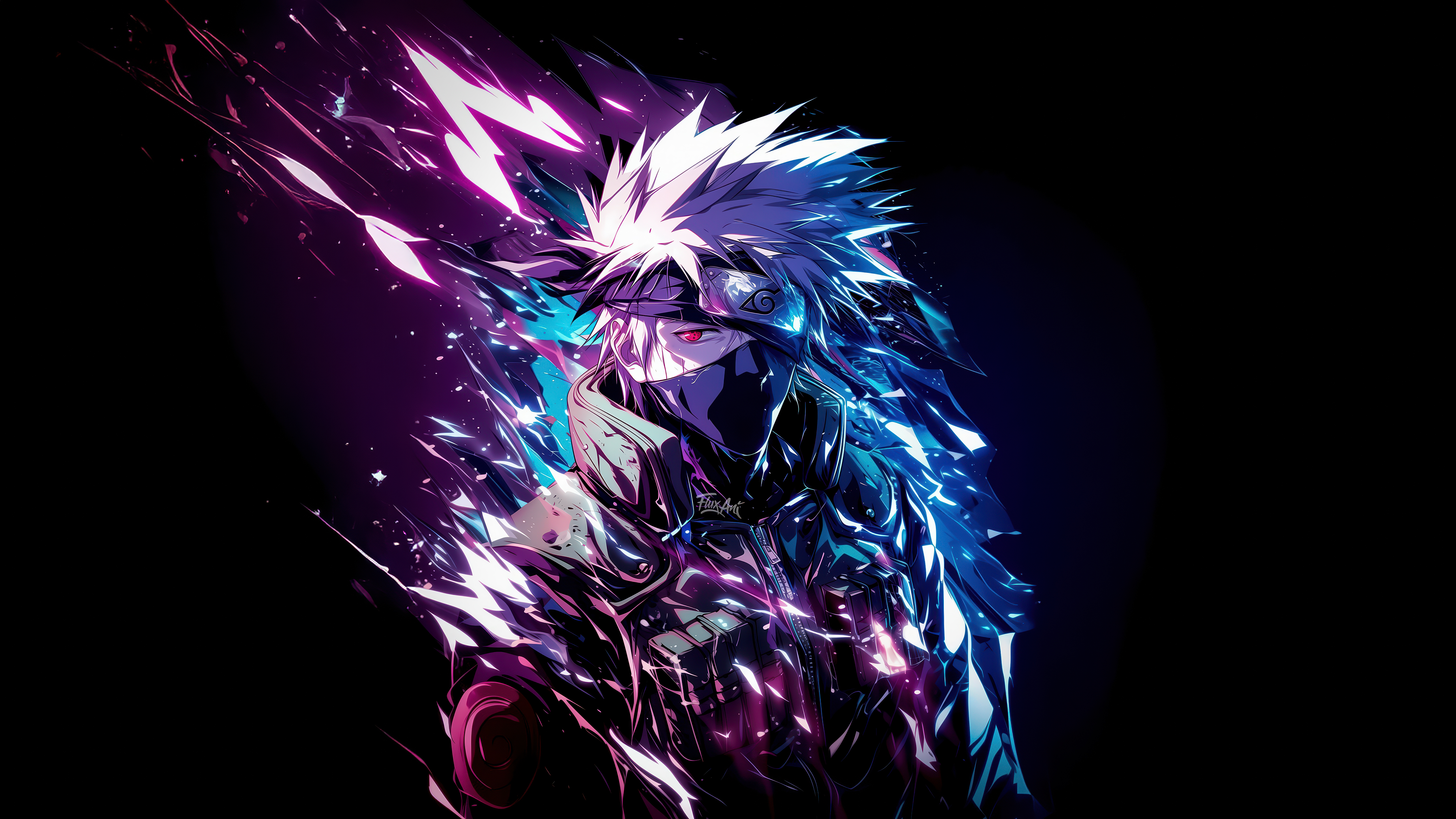 Kakashi Hatake, Lebendig, KI-Kunst, Naruto, Neon-Leuchten, 5K, Schwarzer Hintergrund, AMOLED, Sharingan-Auge