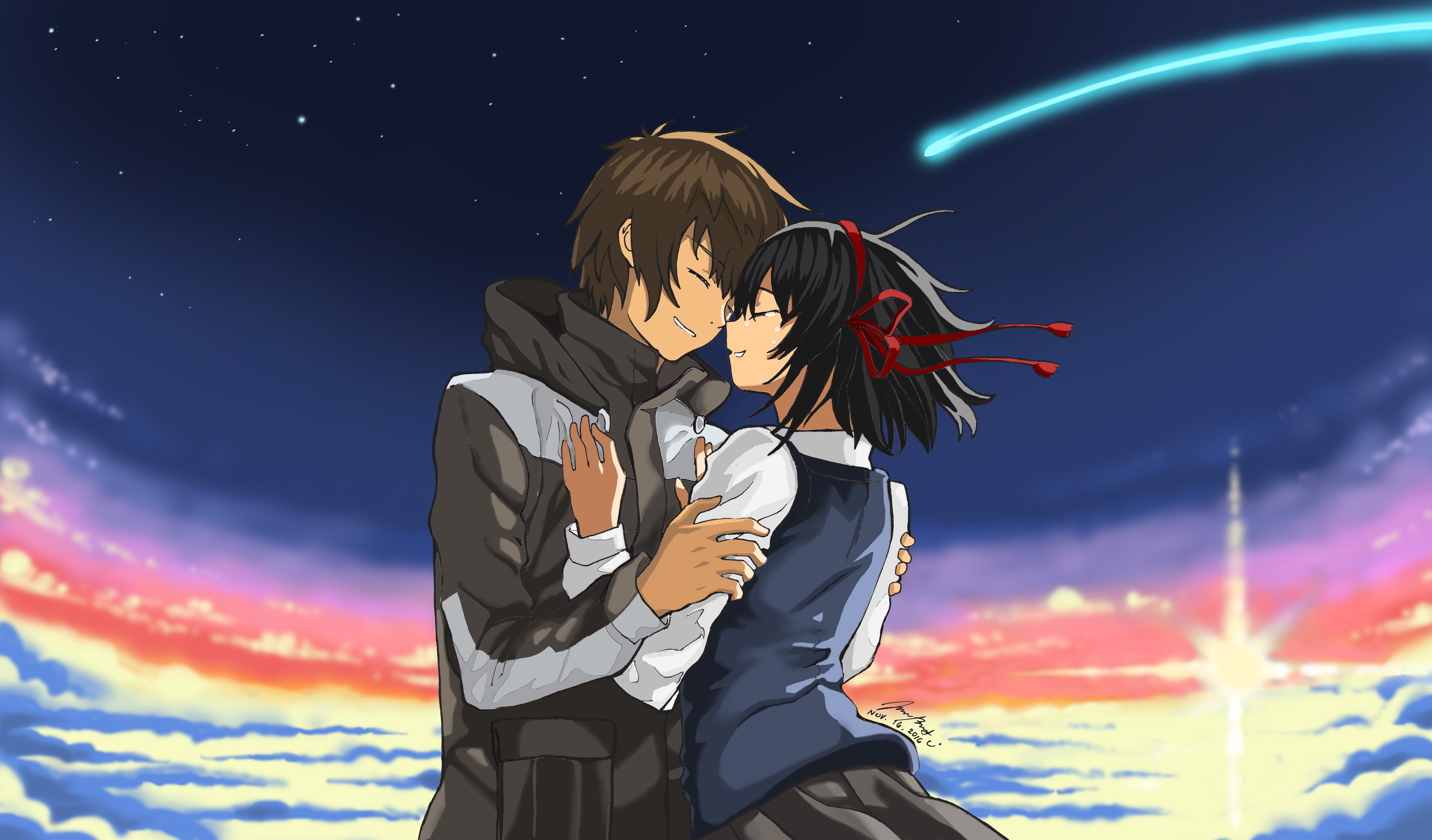 Kimi no Na wa, 8K, Mitsuha Miyamizu, Taki Tachibana, Your Name, 5K, Liebespaar, Anime-Paar