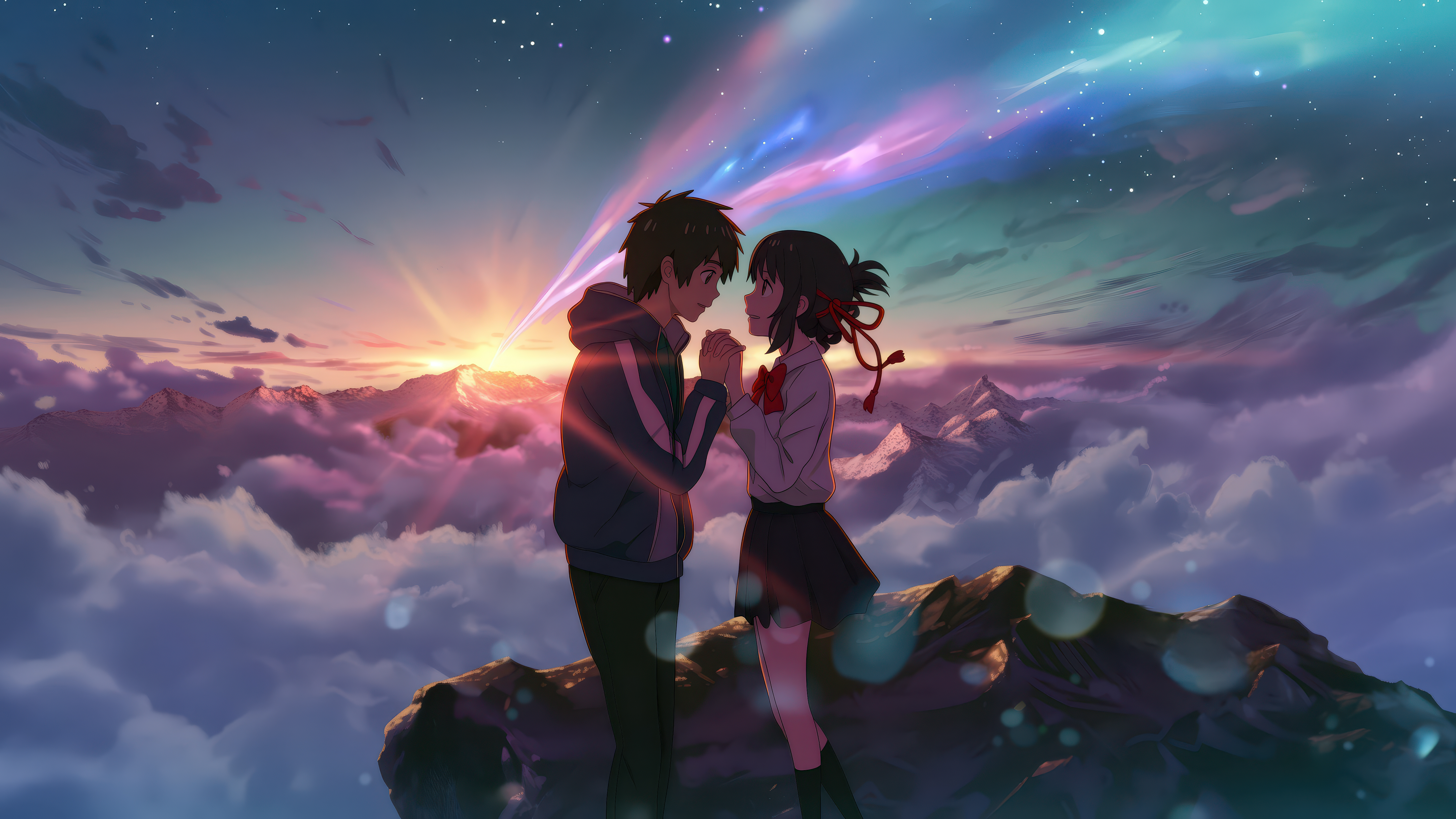 Kimi no Na wa, verliebtes Paar, Your Name, Mitsuha Miyamizu, Taki Tachibana, 5K, Anime-Paar, Komet Tiamat, Sternschnuppen