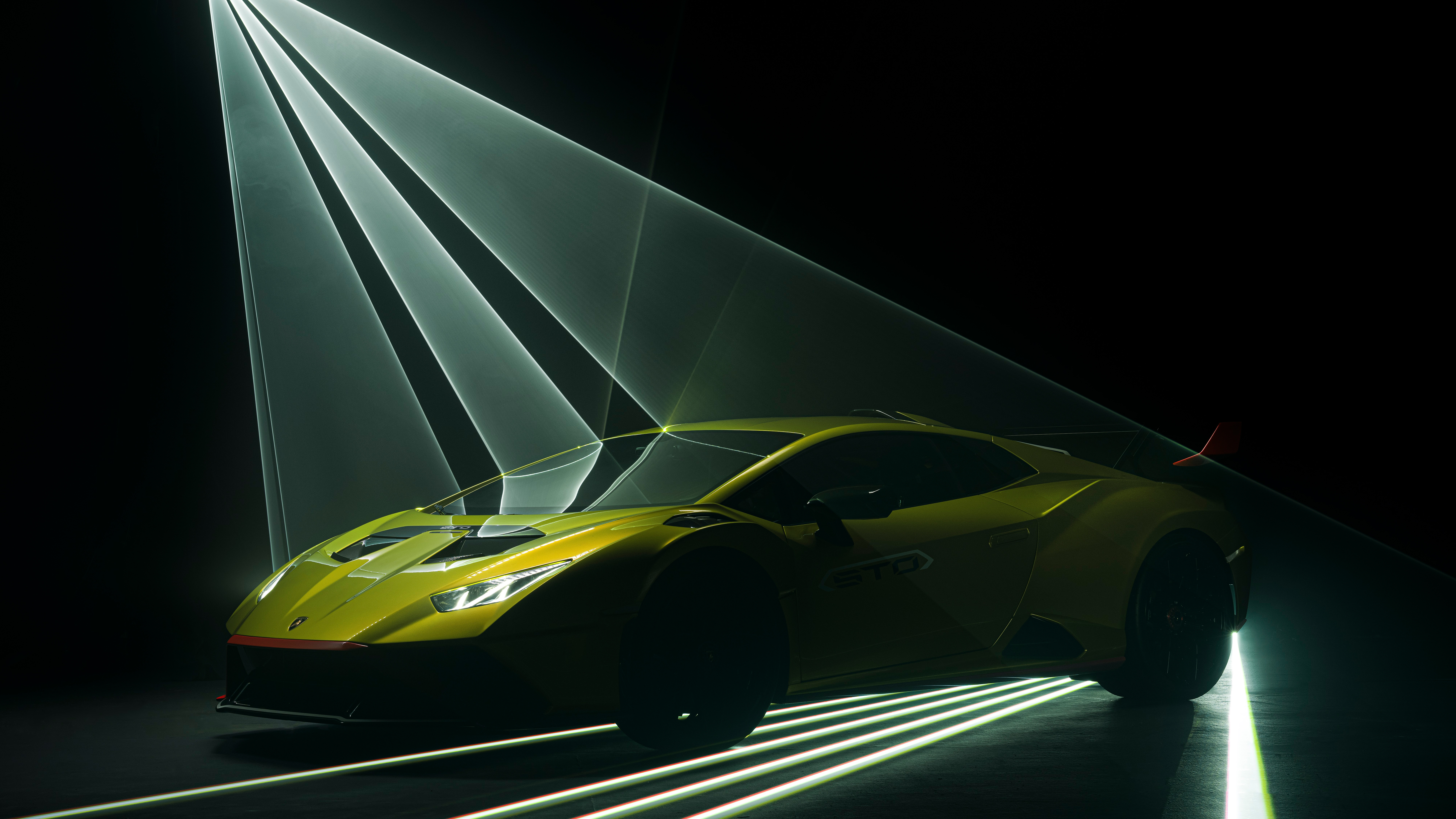 Lamborghini Huracán STO, Schwarzer Hintergrund, 2022, 5K, 8K