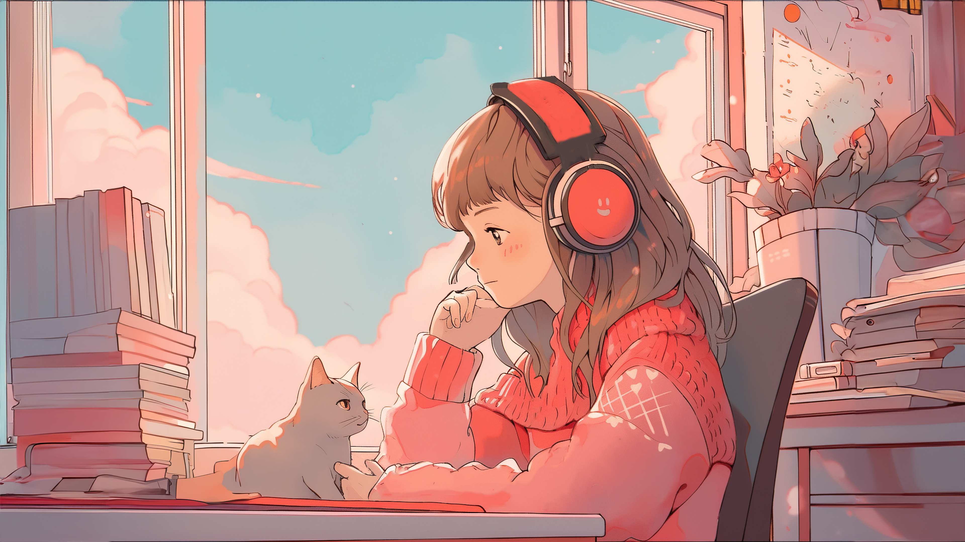 Lofi, Anime-Mädchen, KI-Kunst, Allein, Katze