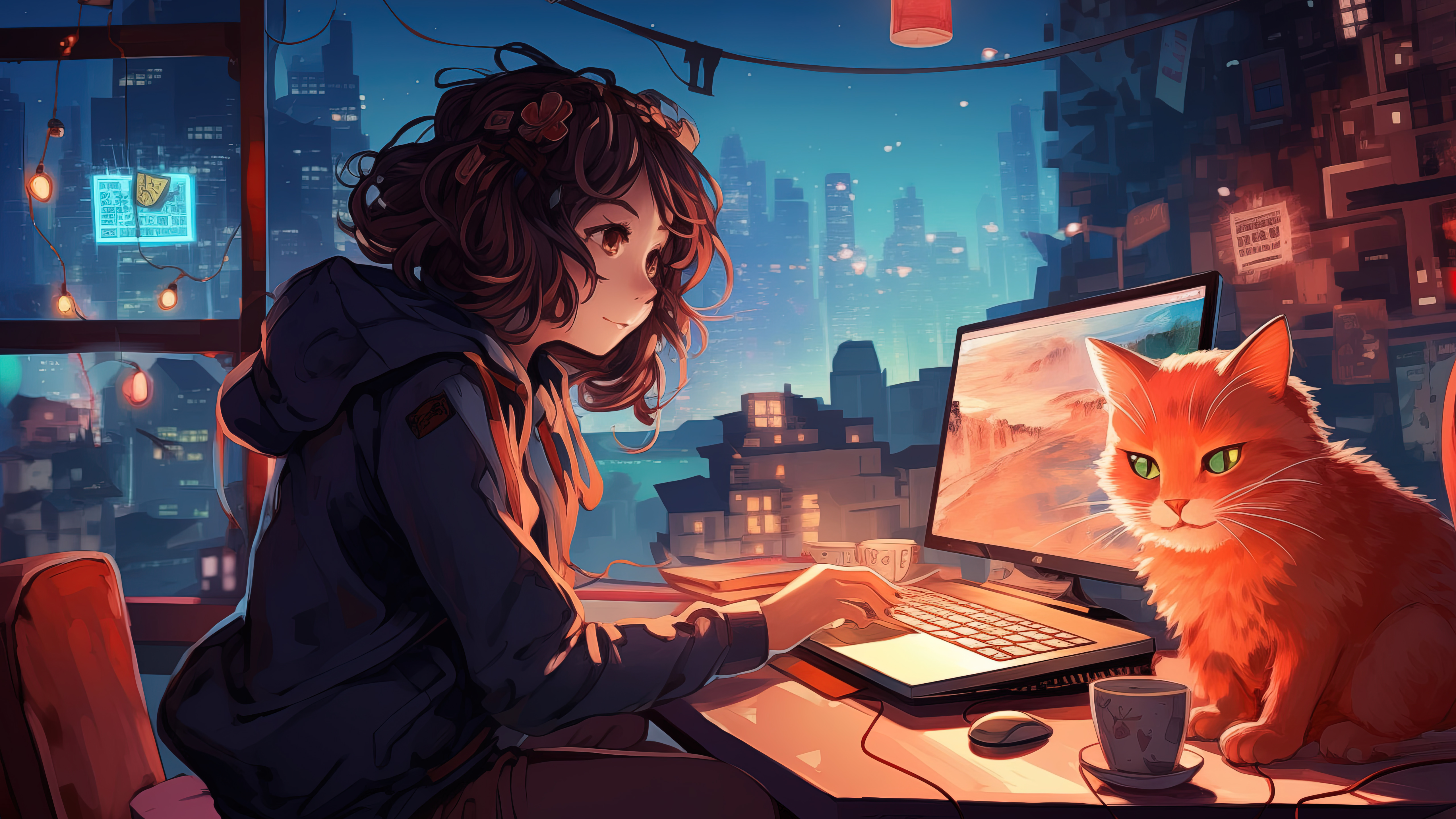 Lofi Girl, Arbeiten, Nacht, 5K, Anime-Mädchen