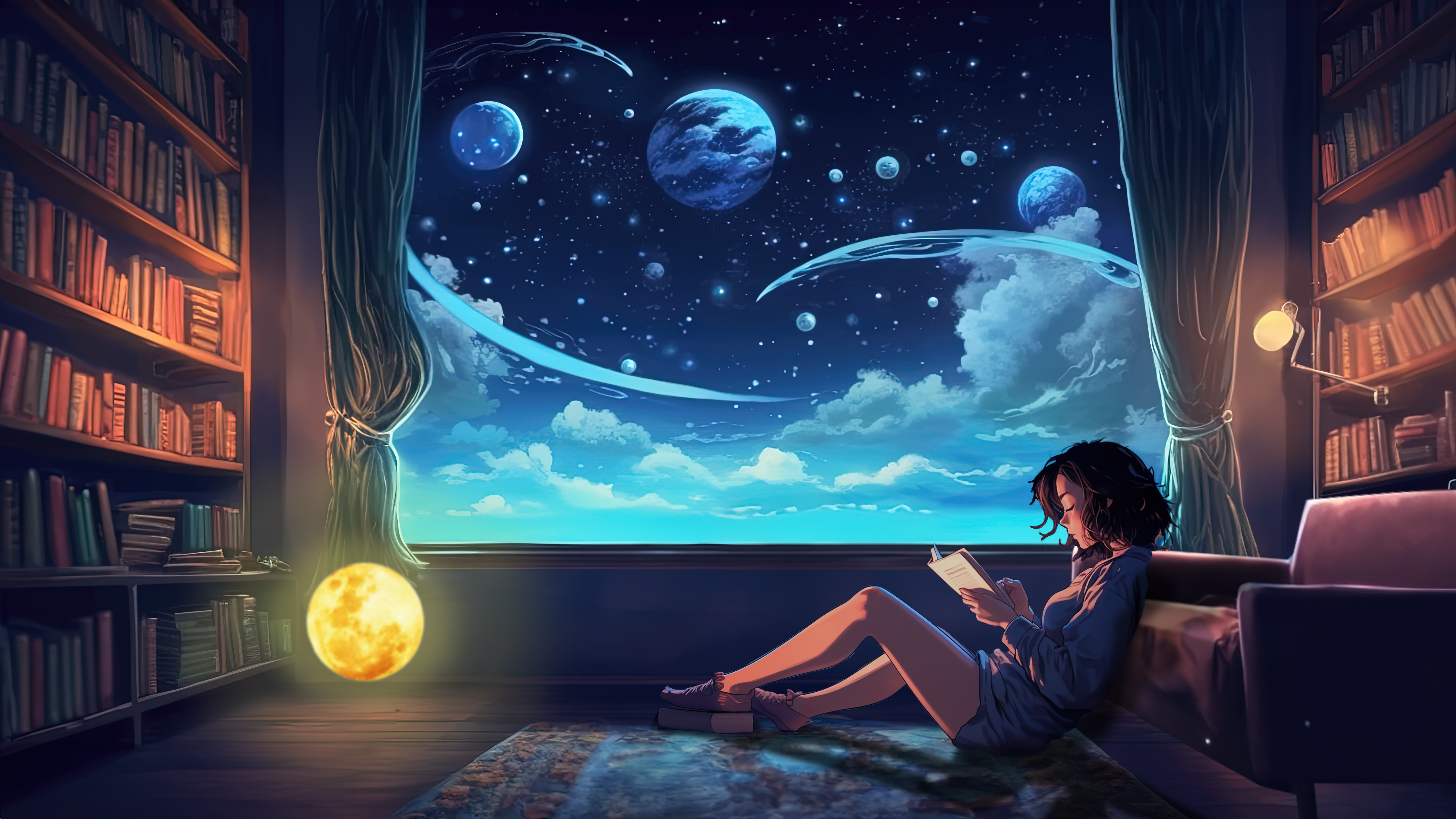 Lofi girl, Buch lesend, Surreal, Zimmer, Gemütlich, 5K