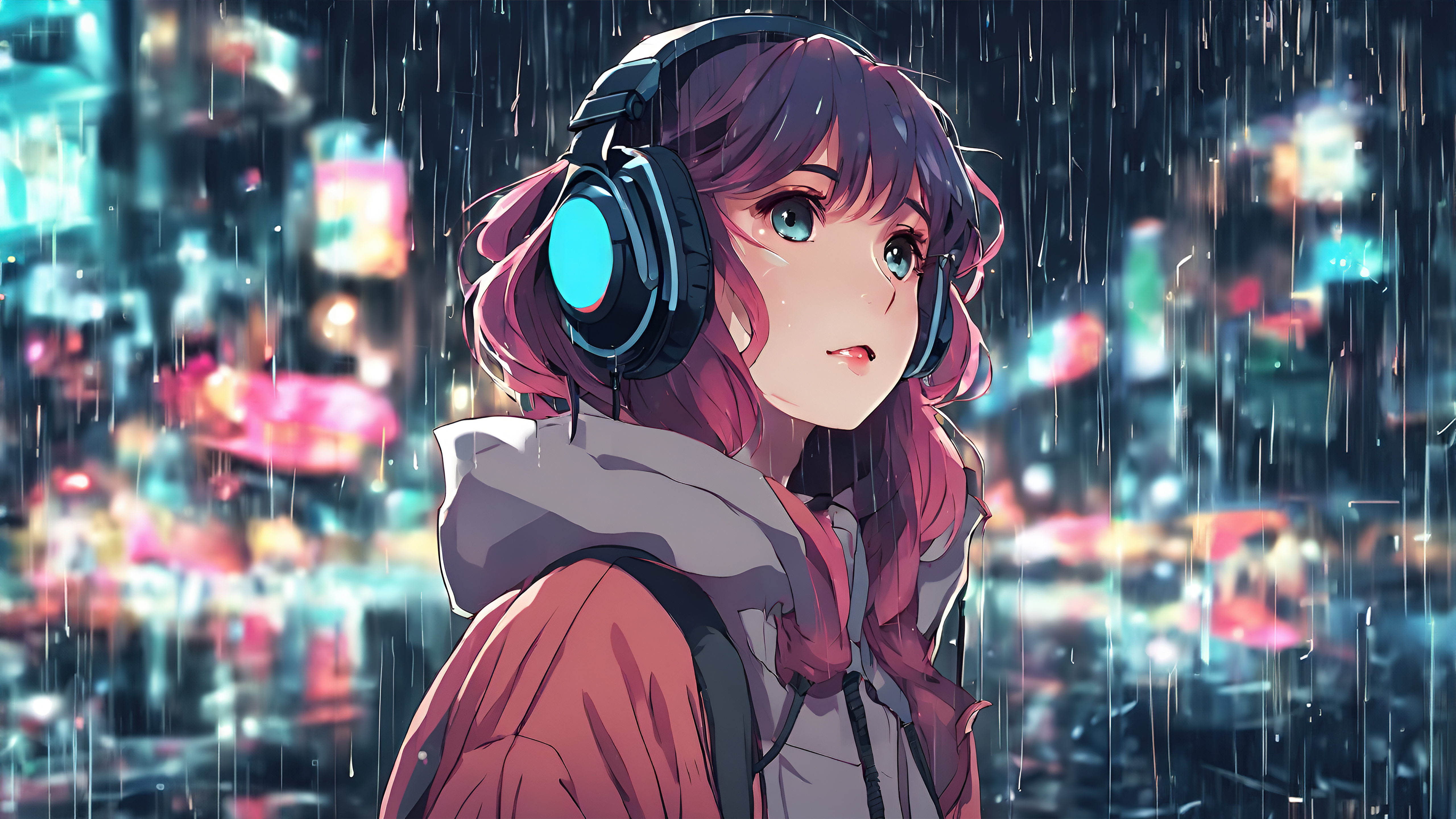 Lofi girl, KI-Kunst, Musik hörend, Kopfhörer, 5K, Regnerisch
