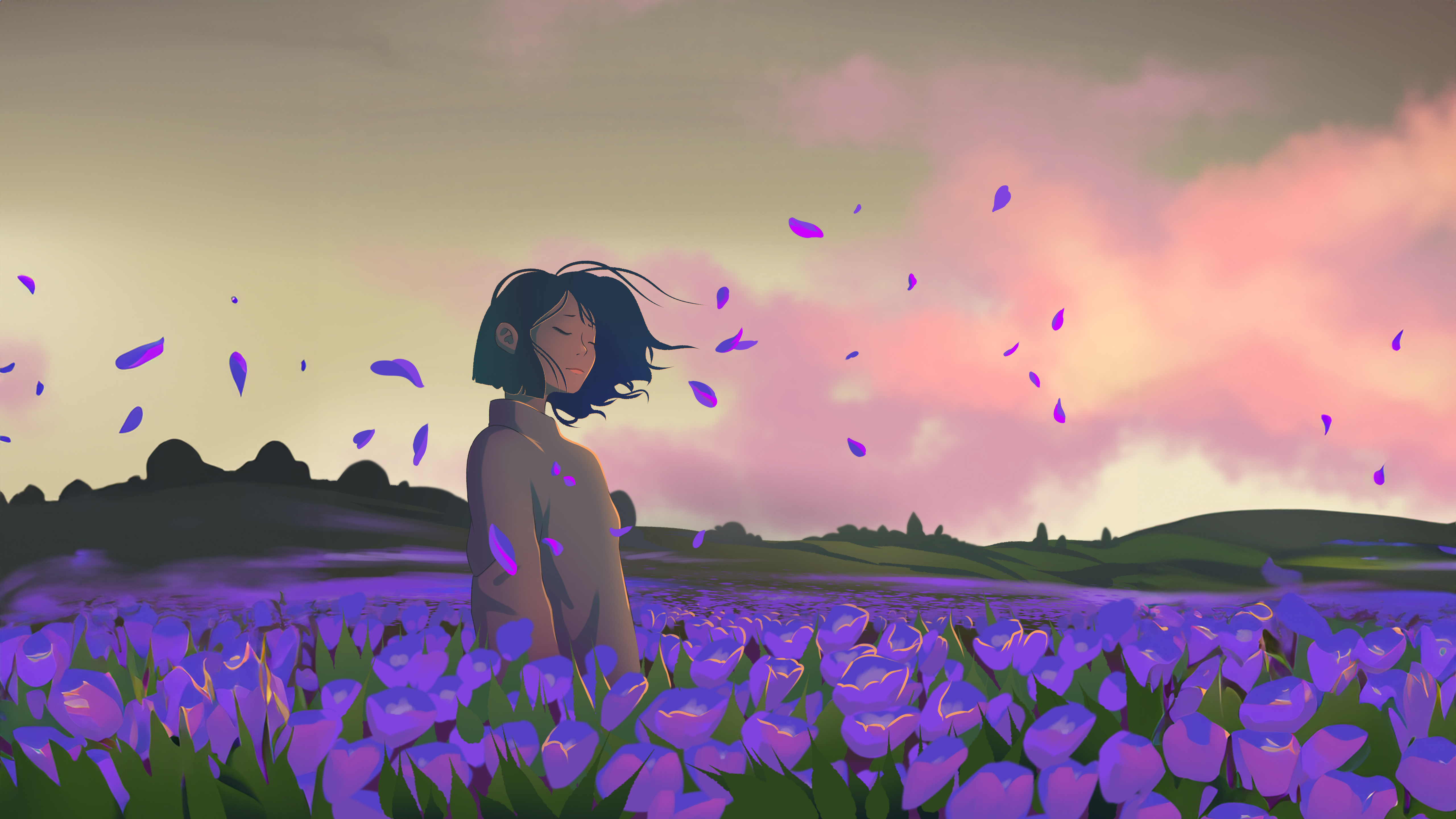 Lofi Girl, Lavendelfelder, 5K, Violette Ästhetik